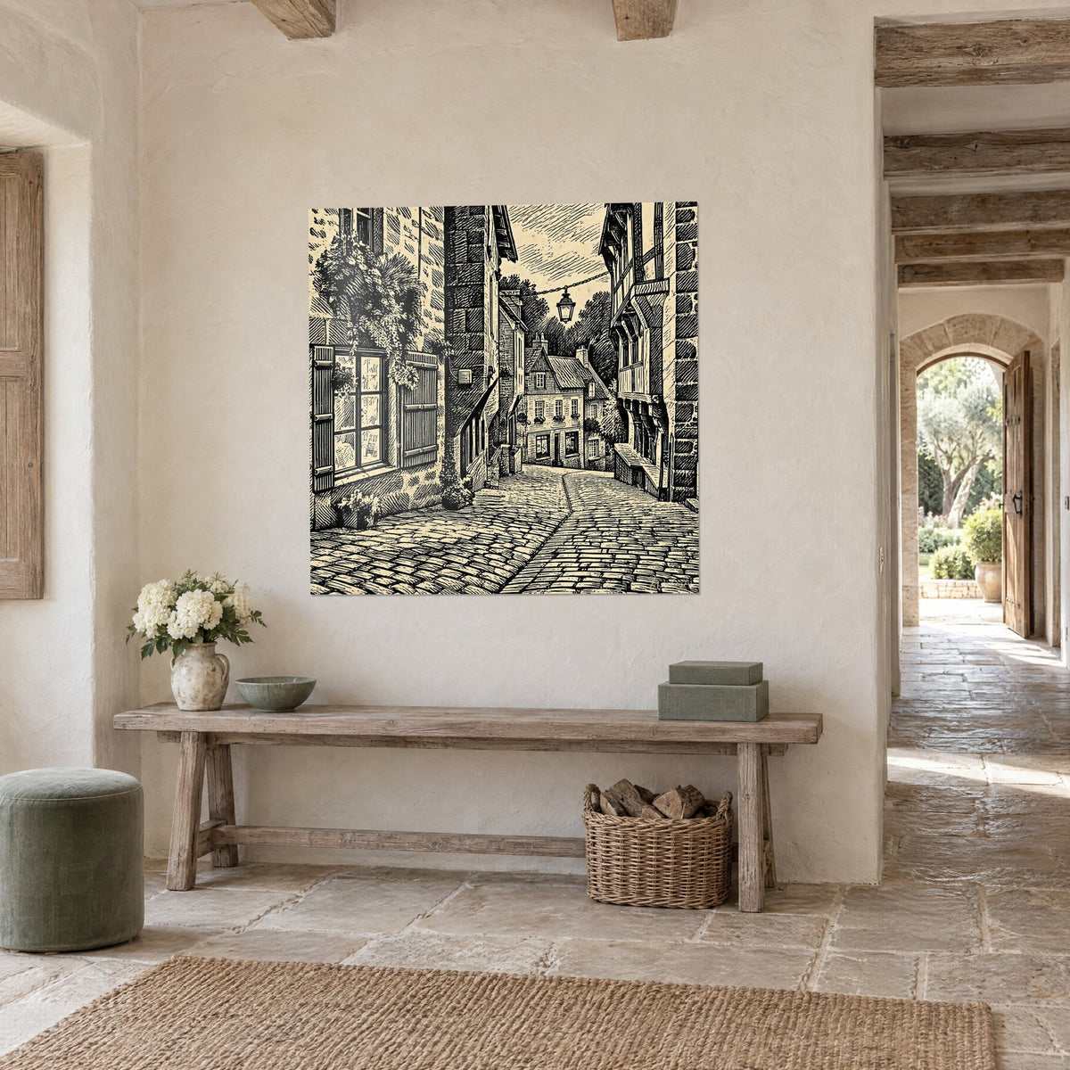 Wall art Dinan engraving in black and ivory, granite facades, striped shutters and hatched cobblestones, in a hall with light stone