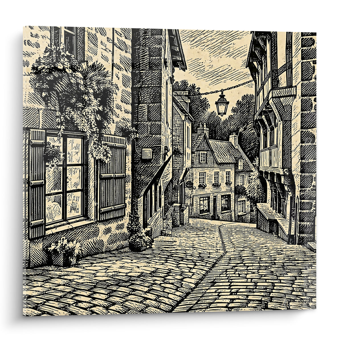 Wall art cobbled street of Dinan, Brittany, France, in black and ivory engraving, half-timbered facades and hanging lantern