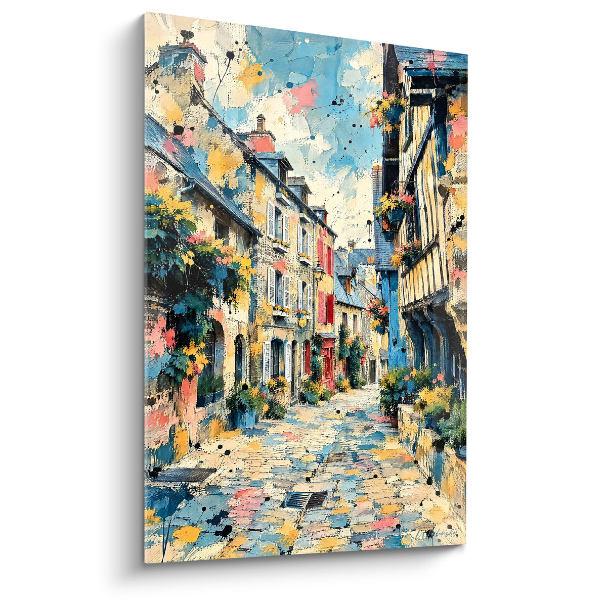 Gemälde gepflasterte Gasse in Dinan, Bretagne, Frankreich, mit ocker- und marineblauen, blumengeschmückten Fassaden, ausdrucksstarkes Aquarell