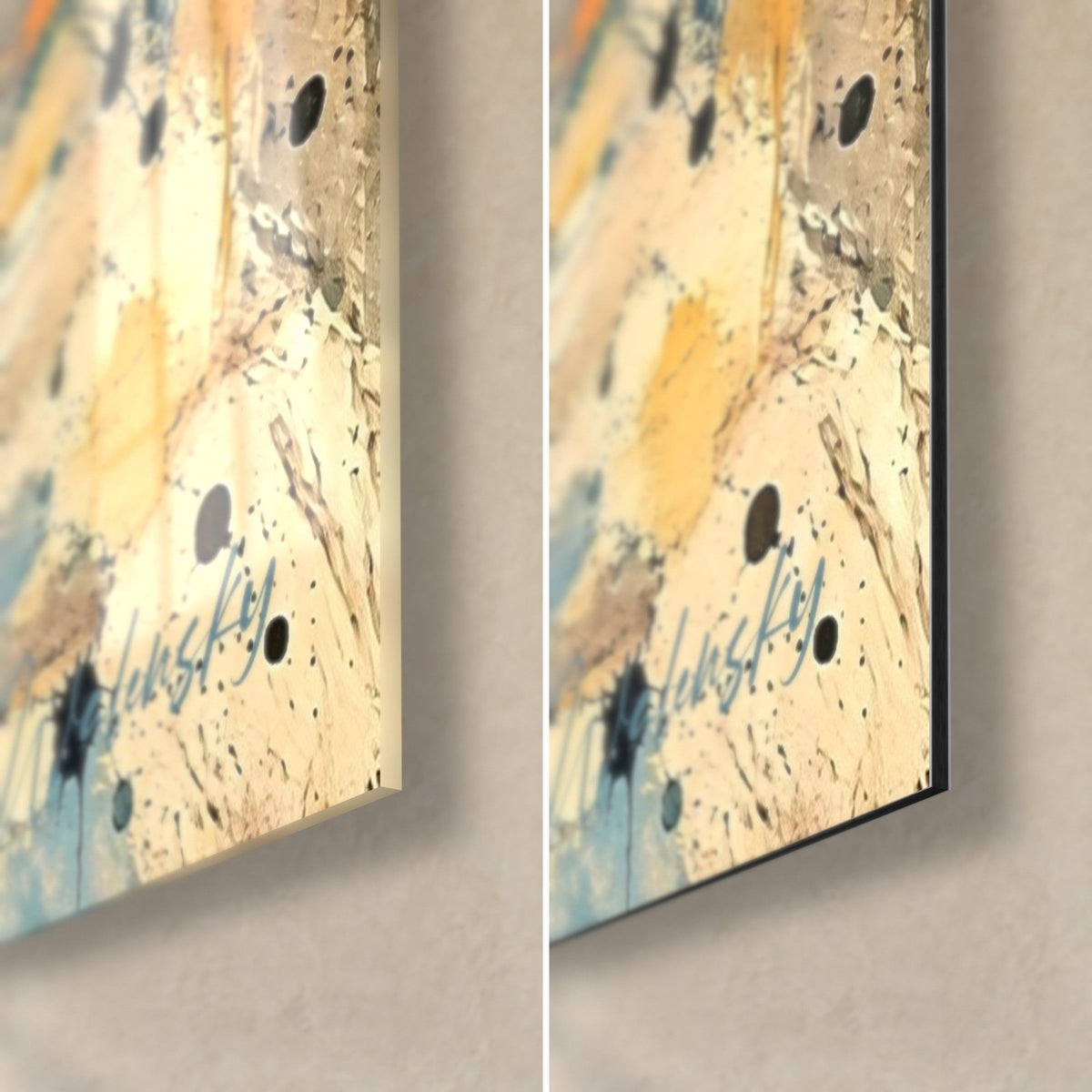 Gemälde bretonische Gasse mit rosa und blauen Pflastersteinen, untere rechte Ecke: glänzendes Acrylglas links, mattes Dibond-Aluminium rechts, 3 mm Stärke