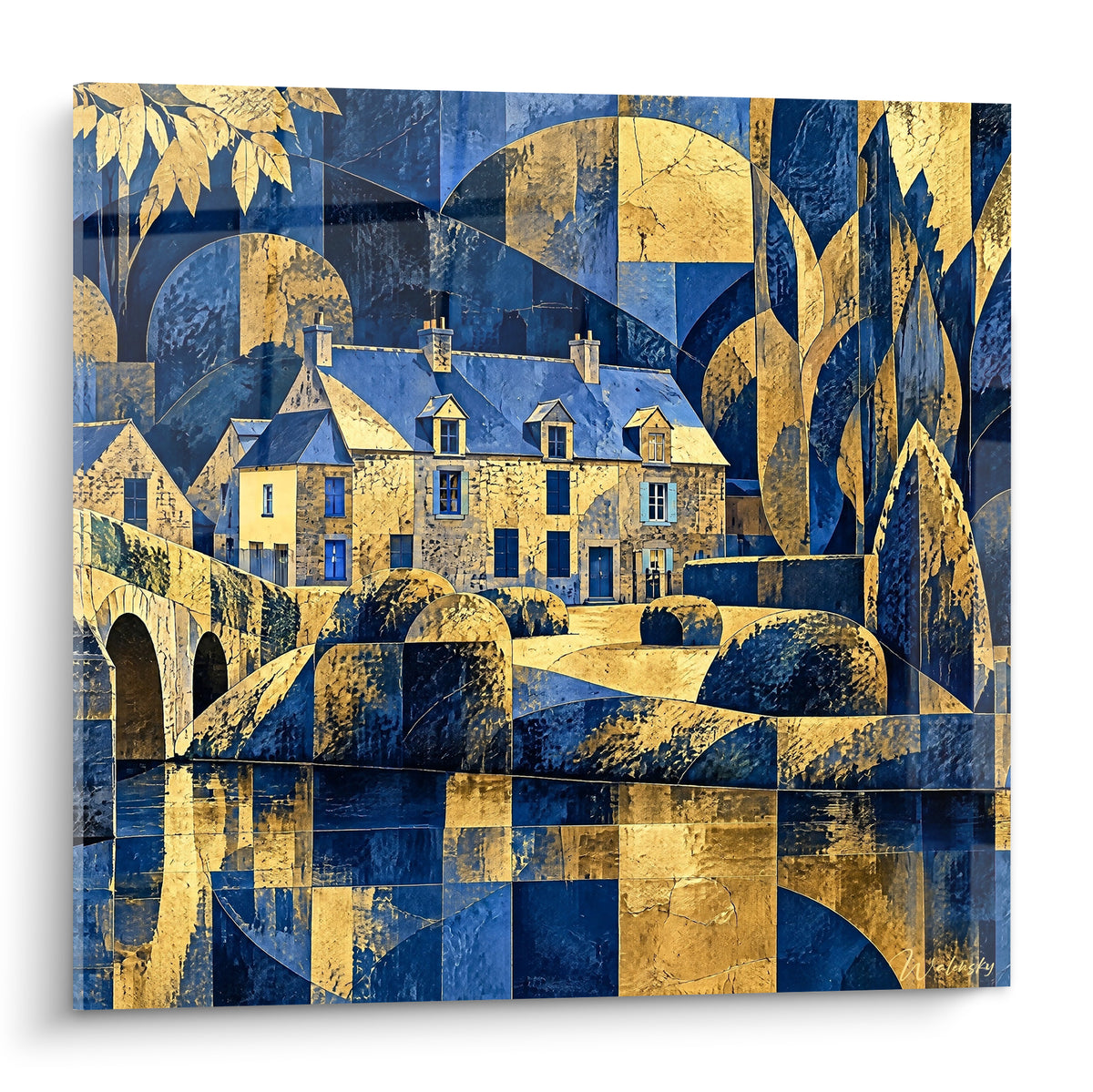 Quadro casa bretone blu marino e oro riflessa nell'acqua, composizione geometrica raffinata