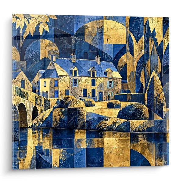 Quadro Casa di pietra blu e oro con ponte - Riflessi della sera - Edizione Dinan Bretagna Francia