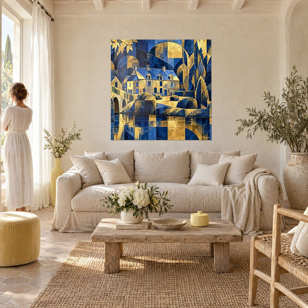 Quadro dimora in pietra con tetti blu cobalto, facciata ocra e fogliame dorato, sopra un divano in un soggiorno luminoso