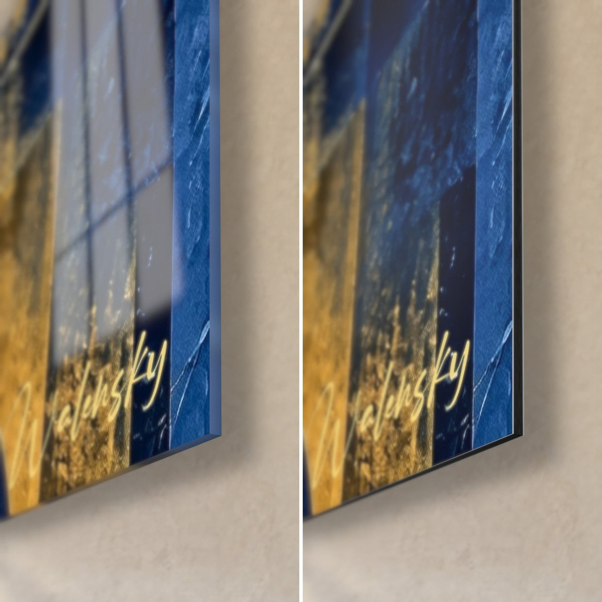 Quadro casa di pietra cubista, angolo in basso a destra: vetro lucido che riflette la parete, Dibond in alluminio opaco blu e oro, spessore 3 mm