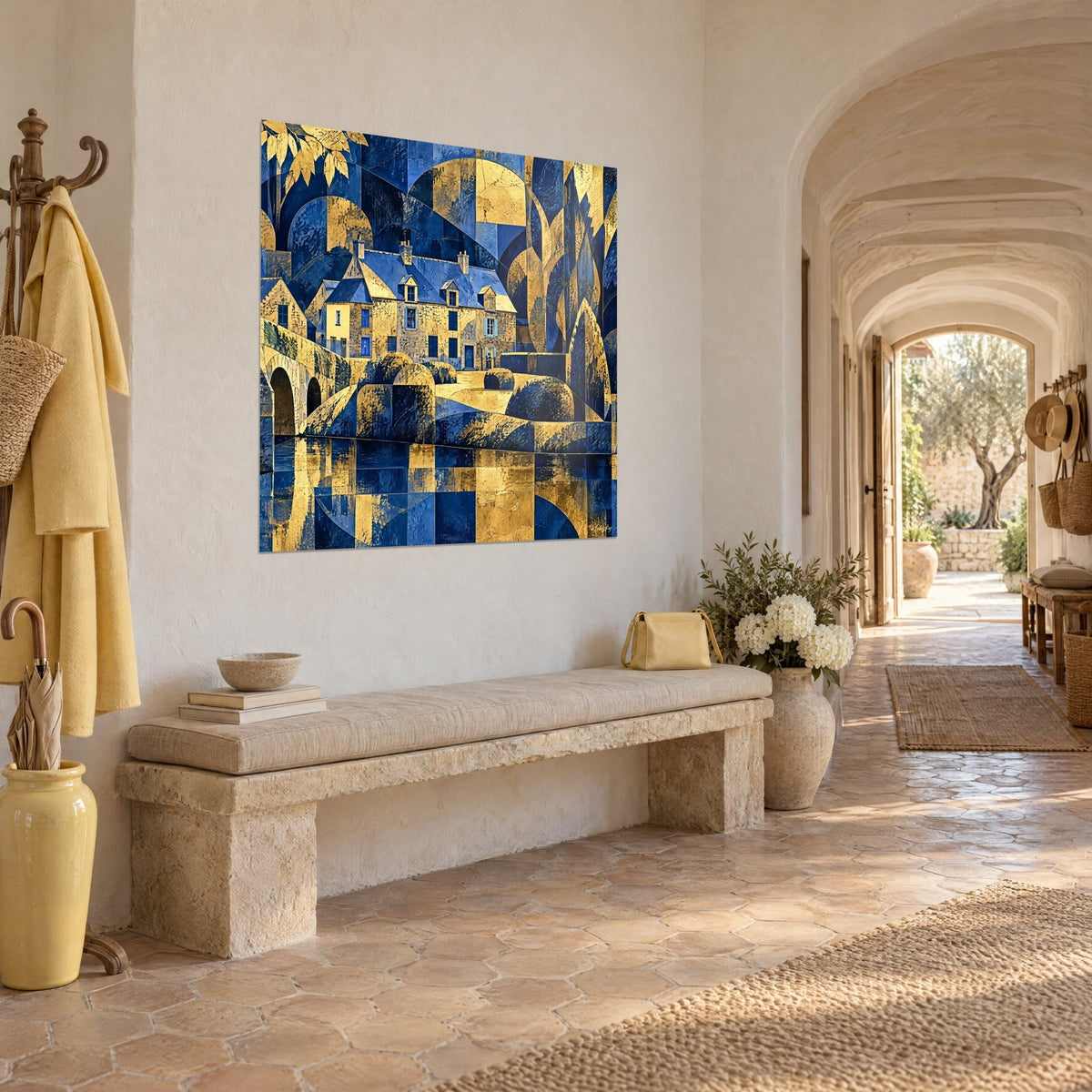 Quadro residenza bretone in pietrame dorato, tetti in ardesia indaco e arco del ponte, appeso in un corridoio a volta del mas