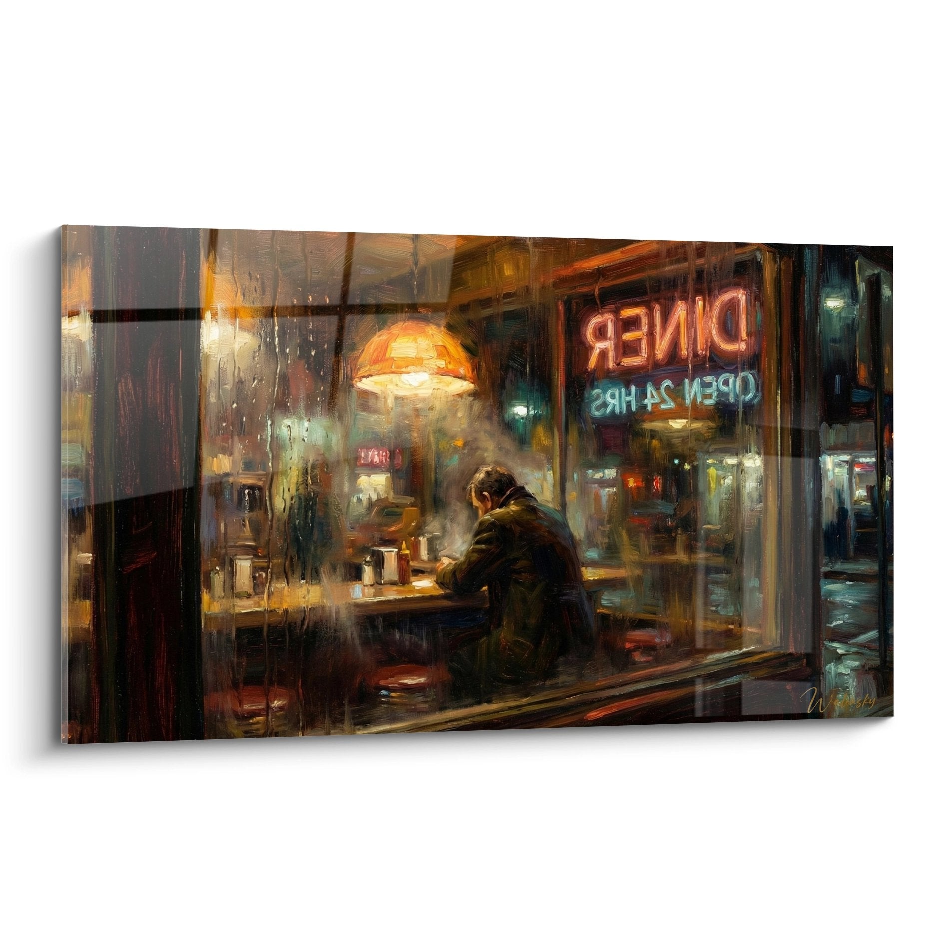 Tableau diner nocturne Manhattan pluie neons rouge turquoise lumiere doree homme solitaire comptoir vitres embuees