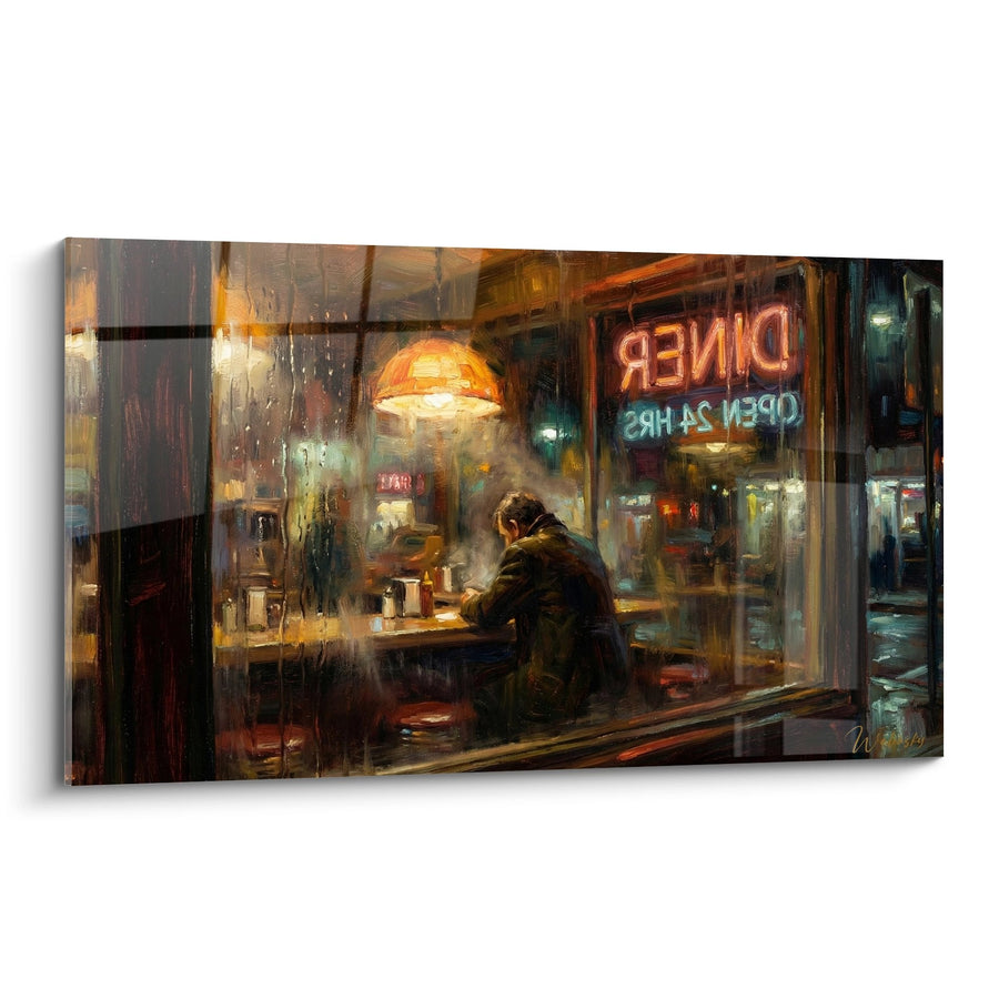 Tableau Diner Nocturne sous la Pluie Ambiance Néon et Lumière Dorée - Solitude Urbaine - Edition Manhattan