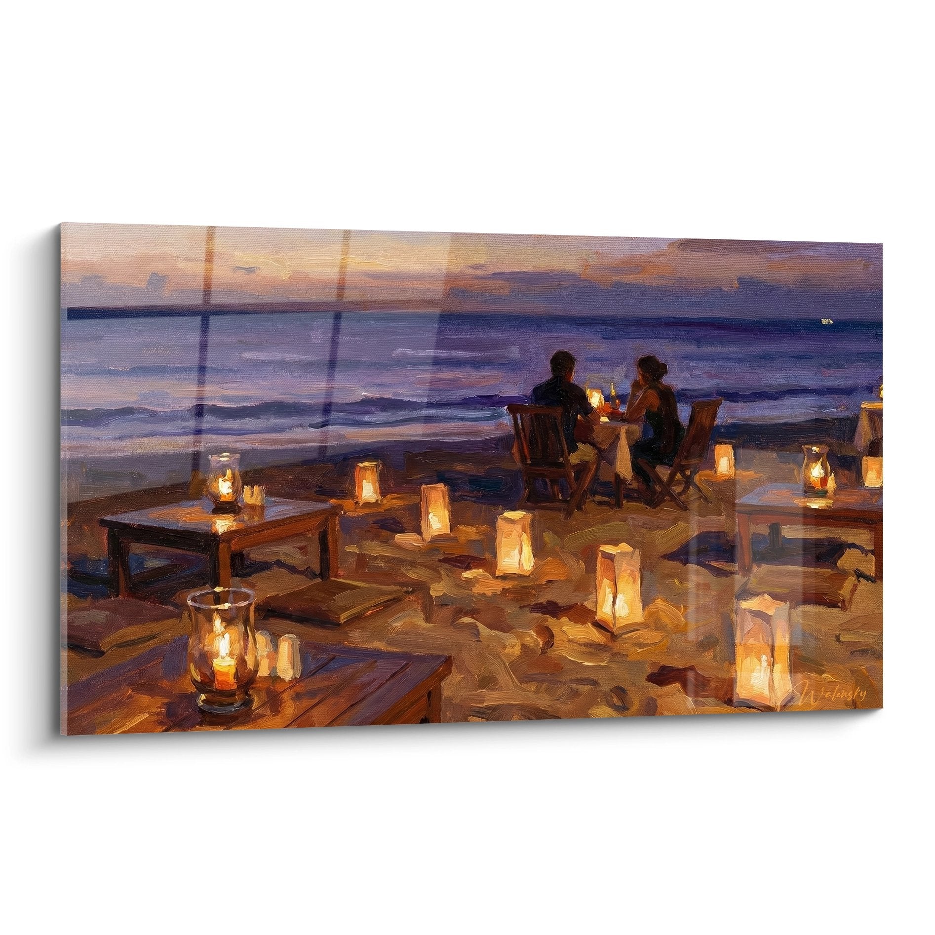 Tableau diner romantique plage coucher soleil lanternes dorees ciel violet couple silhouettes Bali