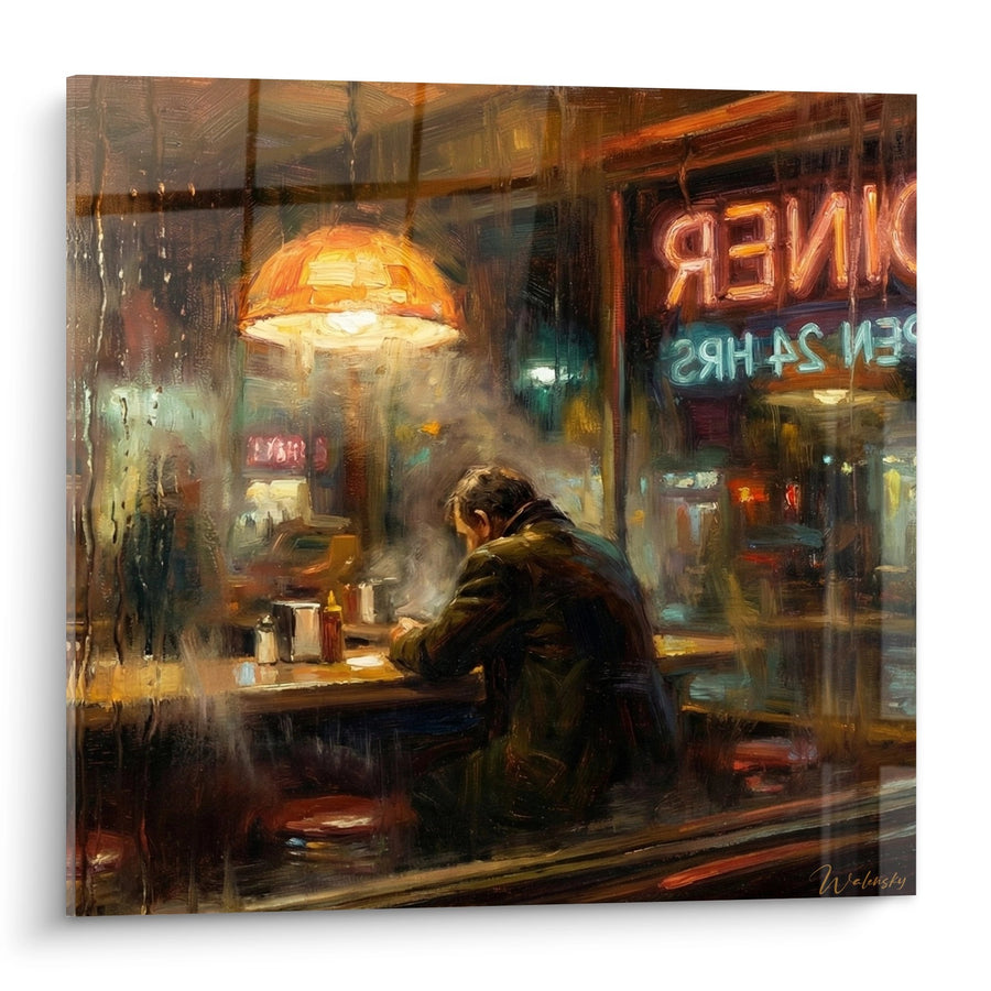 Tableau Dîner Solitaire Sous la Pluie aux Tons Orangés et Bleus - Solitude Urbaine - Edition Manhattan