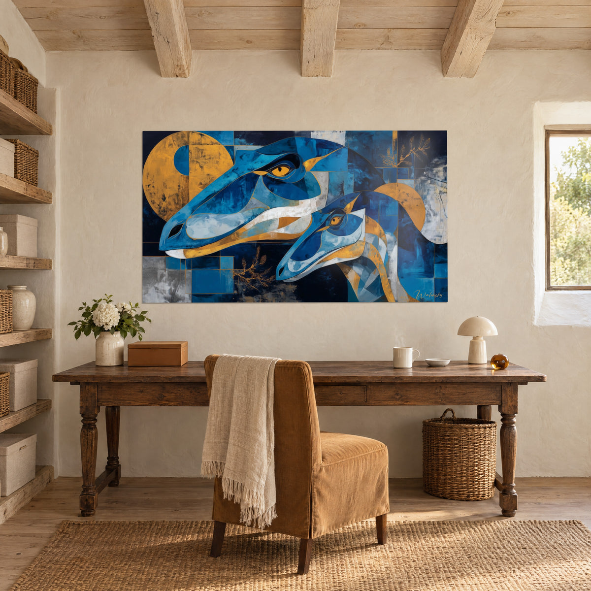 Cuadro de escena de dinosaurios geométricos estilo fresco en azul real y ocre, ramas doradas, sobre un escritorio de madera en una habitación luminosa