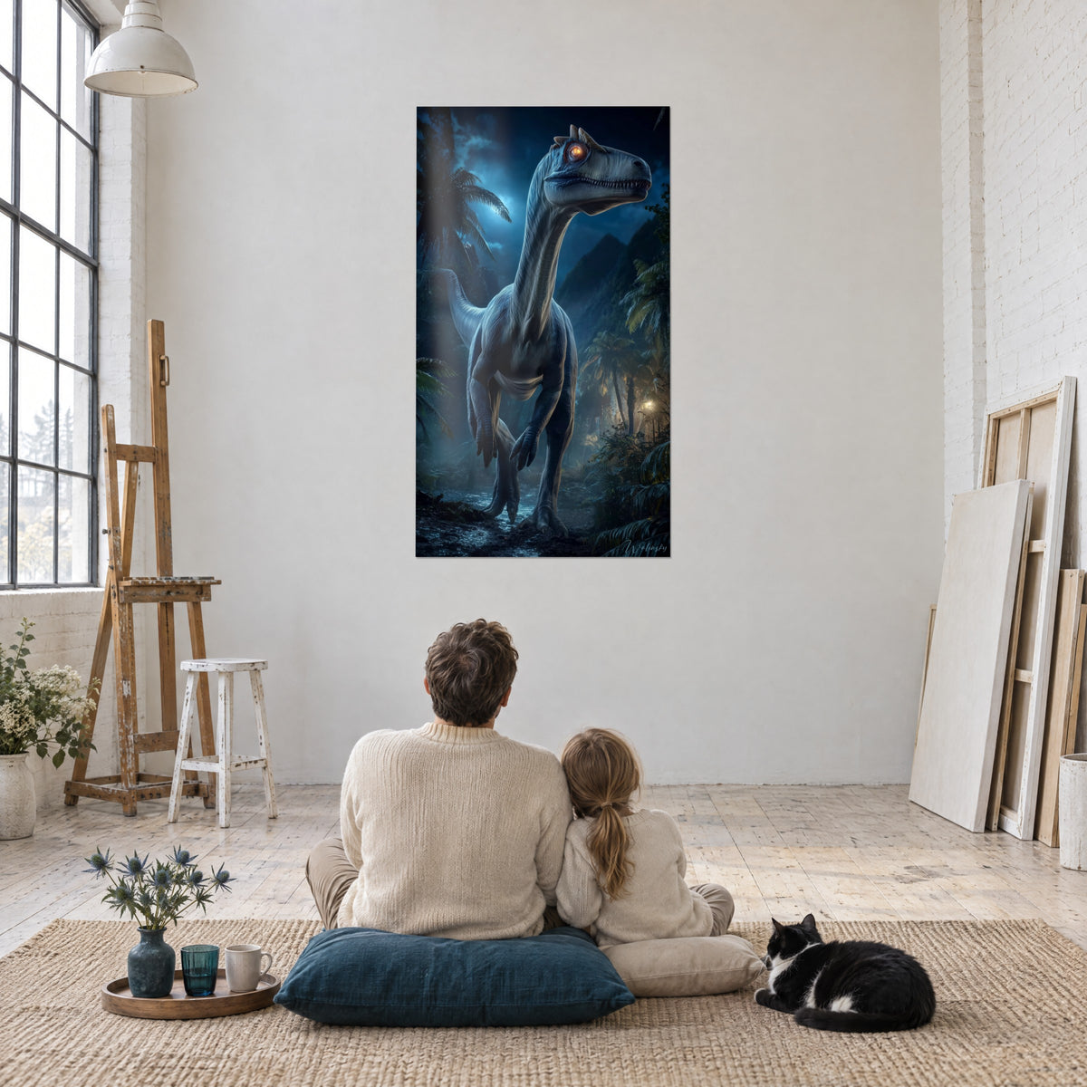Tableau bête préhistorique au cou dressé, ciel d'orage indigo et feuillages vert sombre, loft d'artiste avec chevalet et chat noir