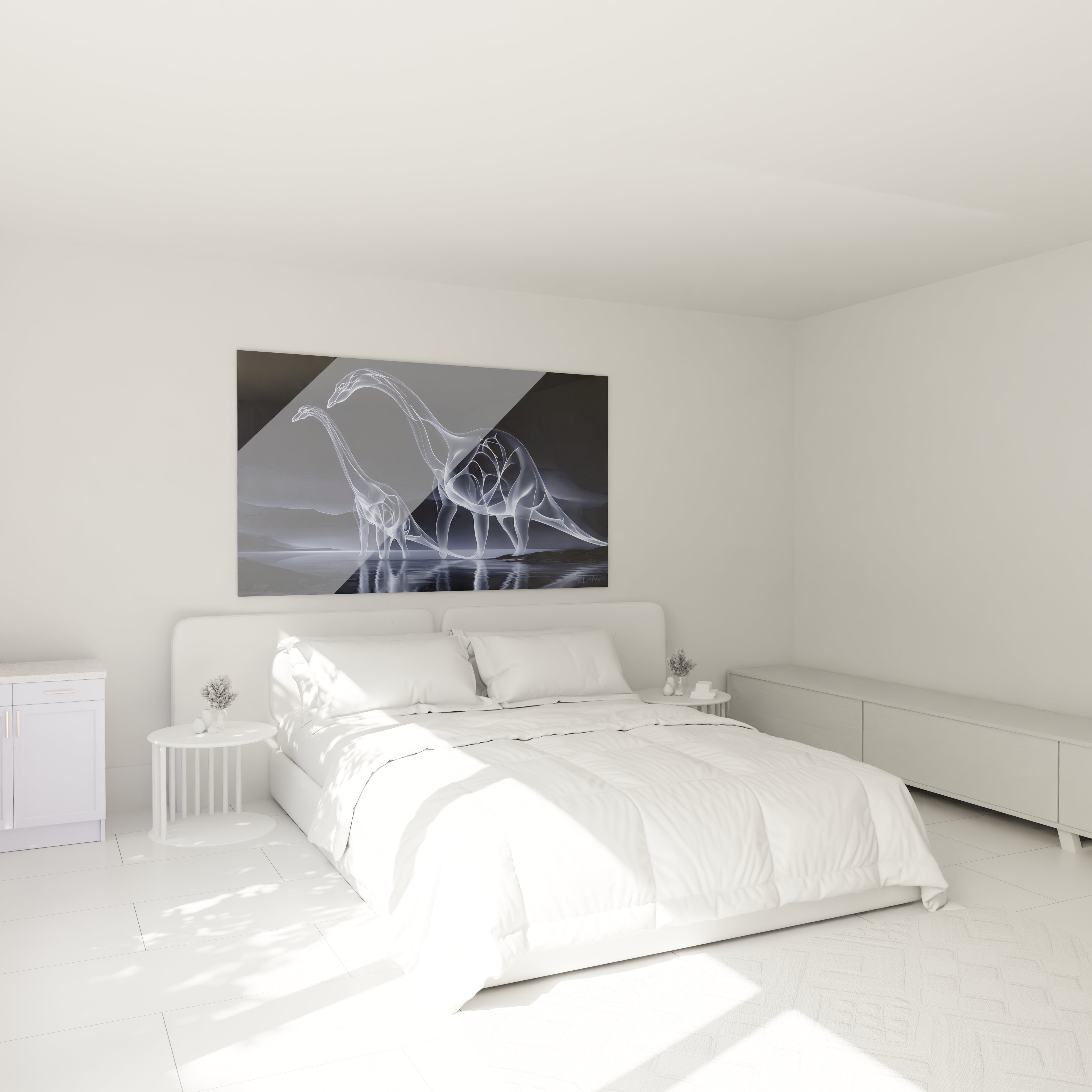 Tableau dinosaure brontosaure lumineux décorant chambre moderne ambiance futuriste art mural