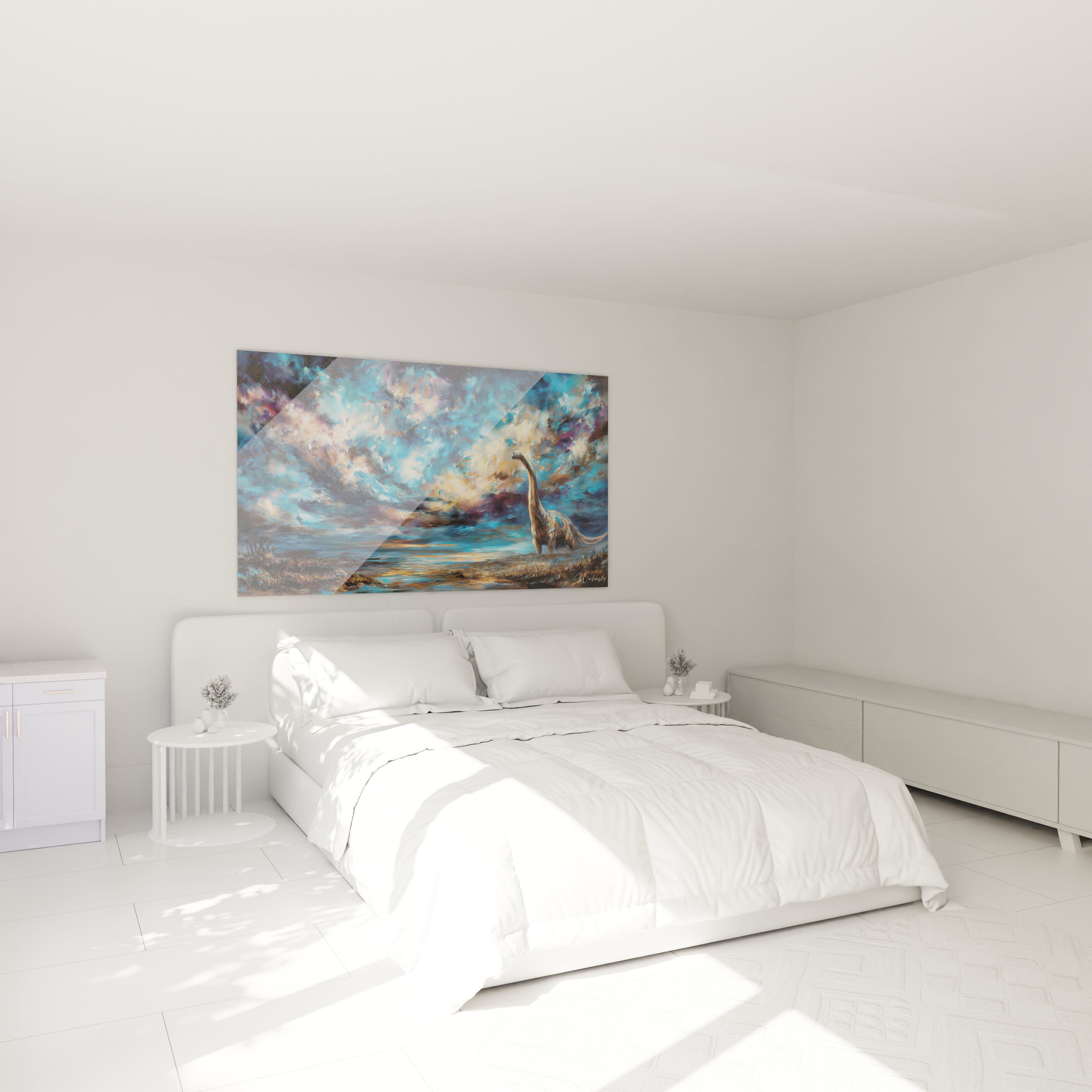 Tableau dinosaure sauropode dans chambre moderne, décoration murale préhistorique ambiance cosy