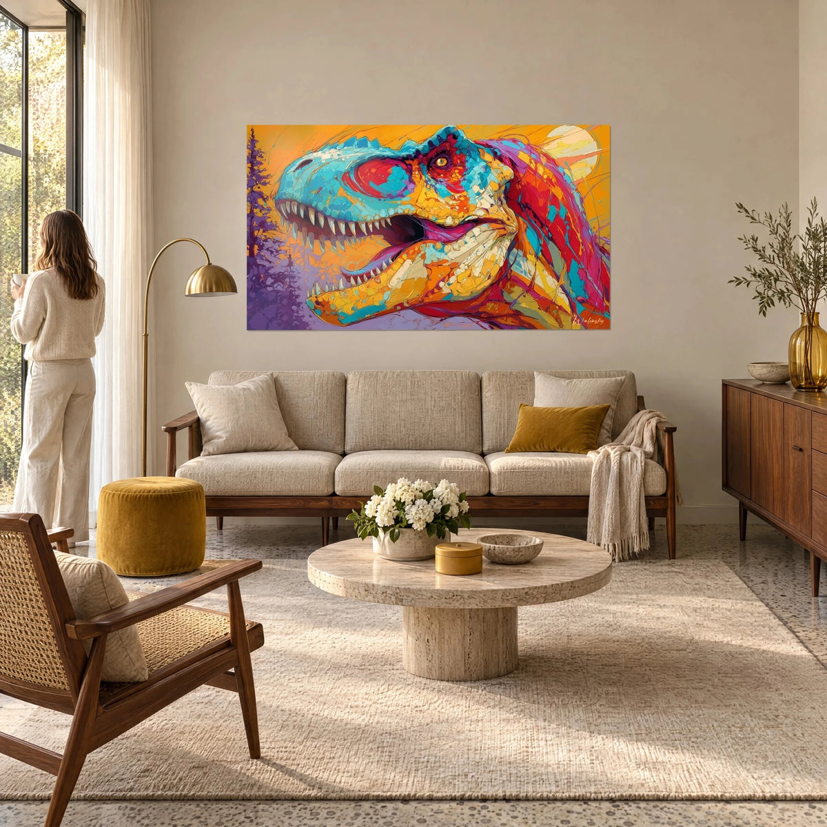 Tableau tyrannosaure turquoise aux mâchoires grandes ouvertes, fond orange et soleil pâle, au-dessus d'un canapé dans un salon lumineux
