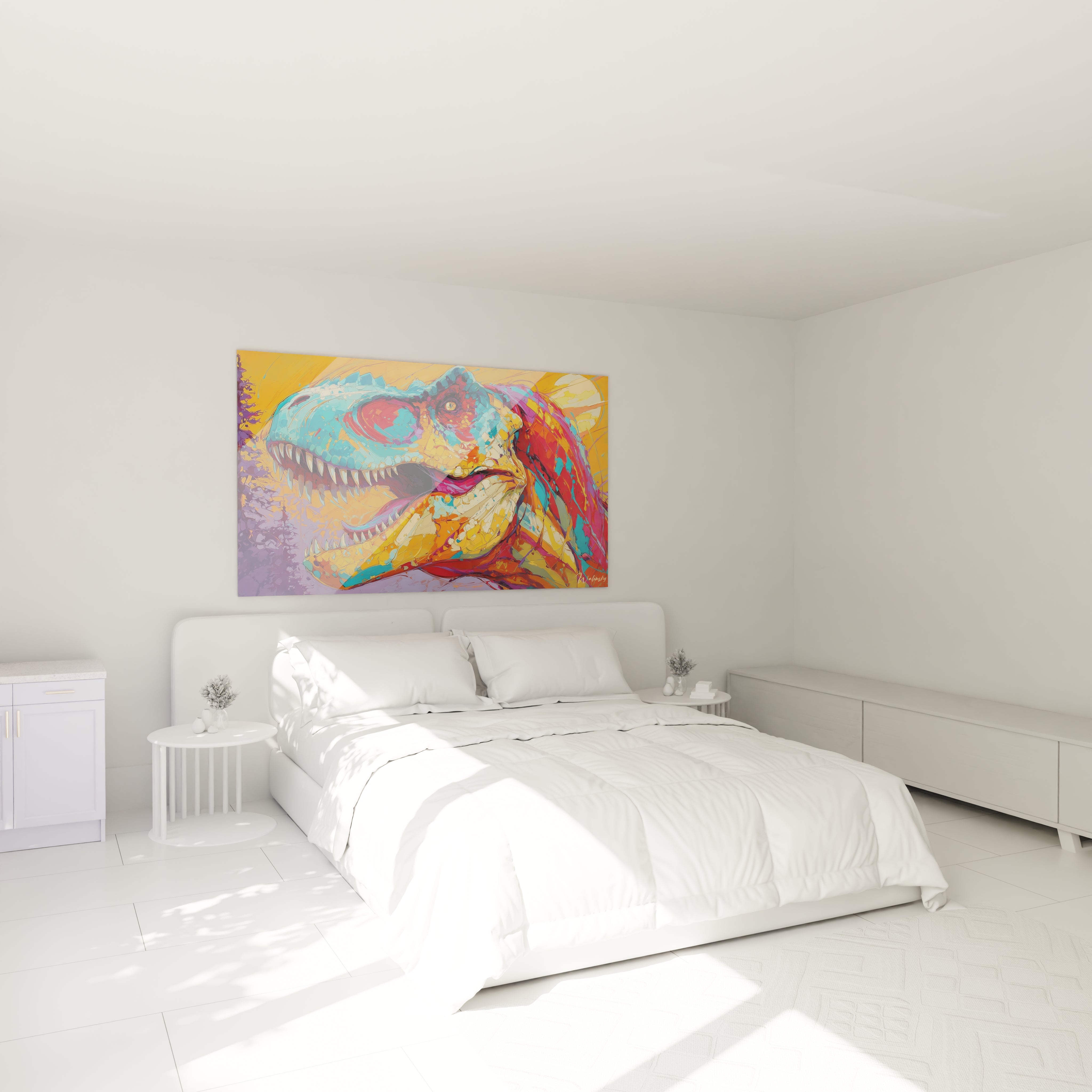 Tableau dinosaure T-Rex coloré décorant une chambre moderne avec palette artistique vibrante