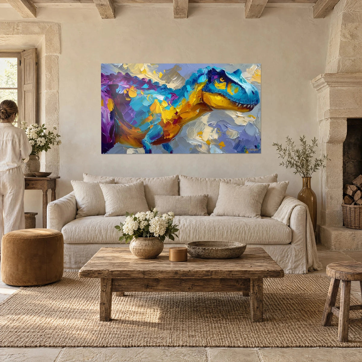 Wall art T-Rex in turquoise blue and violet with palette-knife strokes, sunny yellow belly, above a sofa in a bright living room