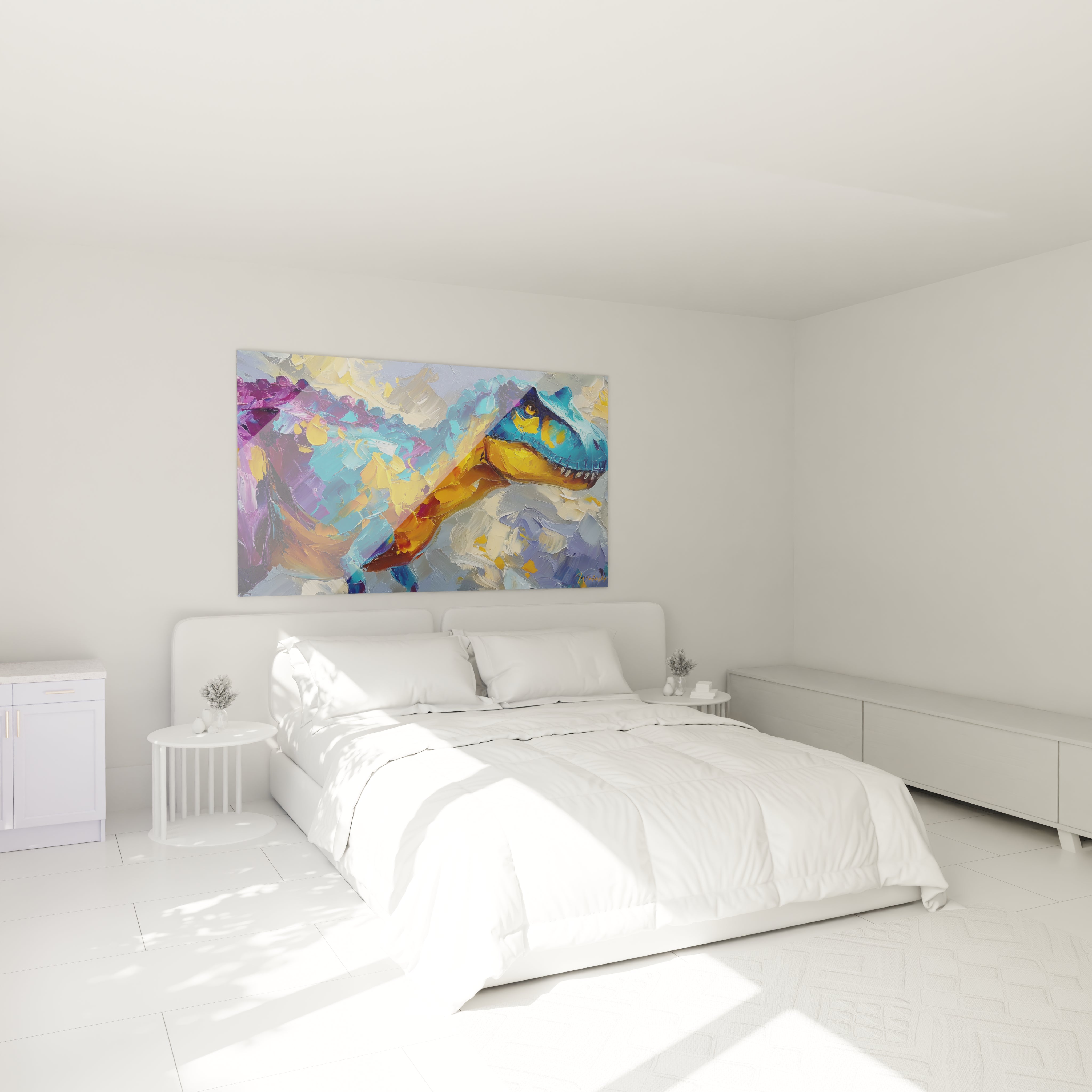 Tableau dinosaure T-Rex coloré dans décoration chambre ambiance moderne