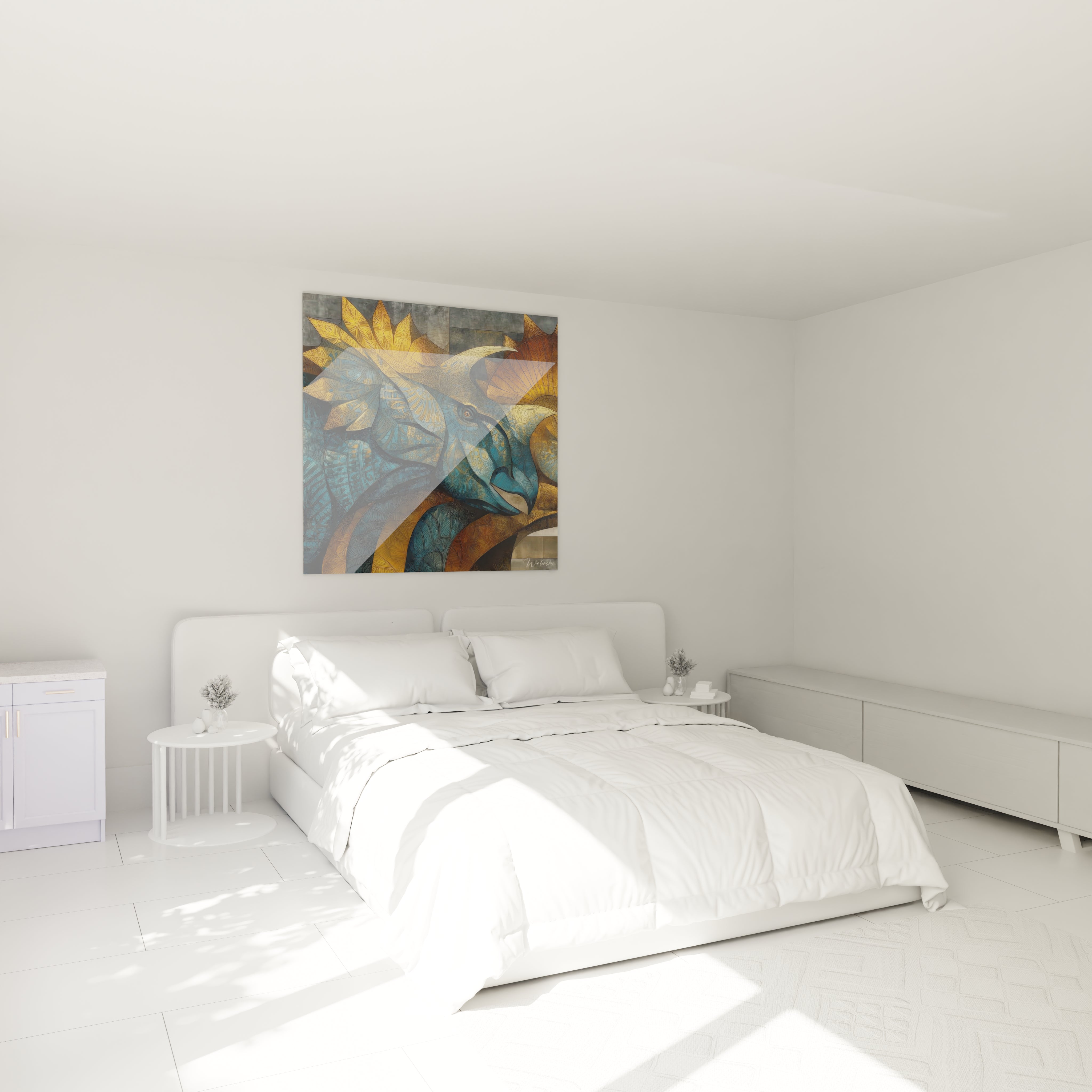 Tableau dinosaure triceratops mosaïque installé dans chambre moderne avec décoration murale artistique préhistorique