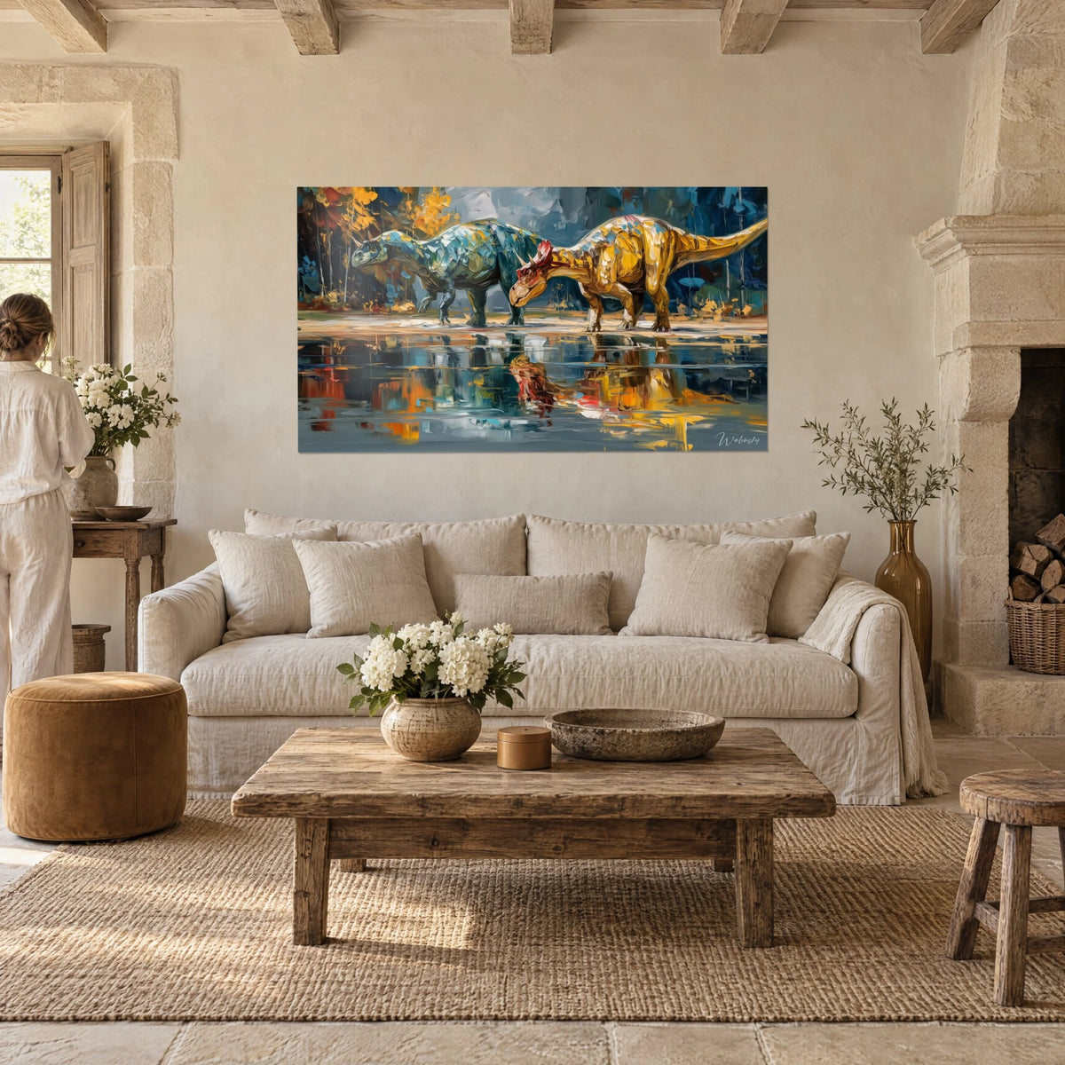 Wall art dinosaurs with blue-green and golden scales, orange reflections in the water, above a sofa in a bright living room