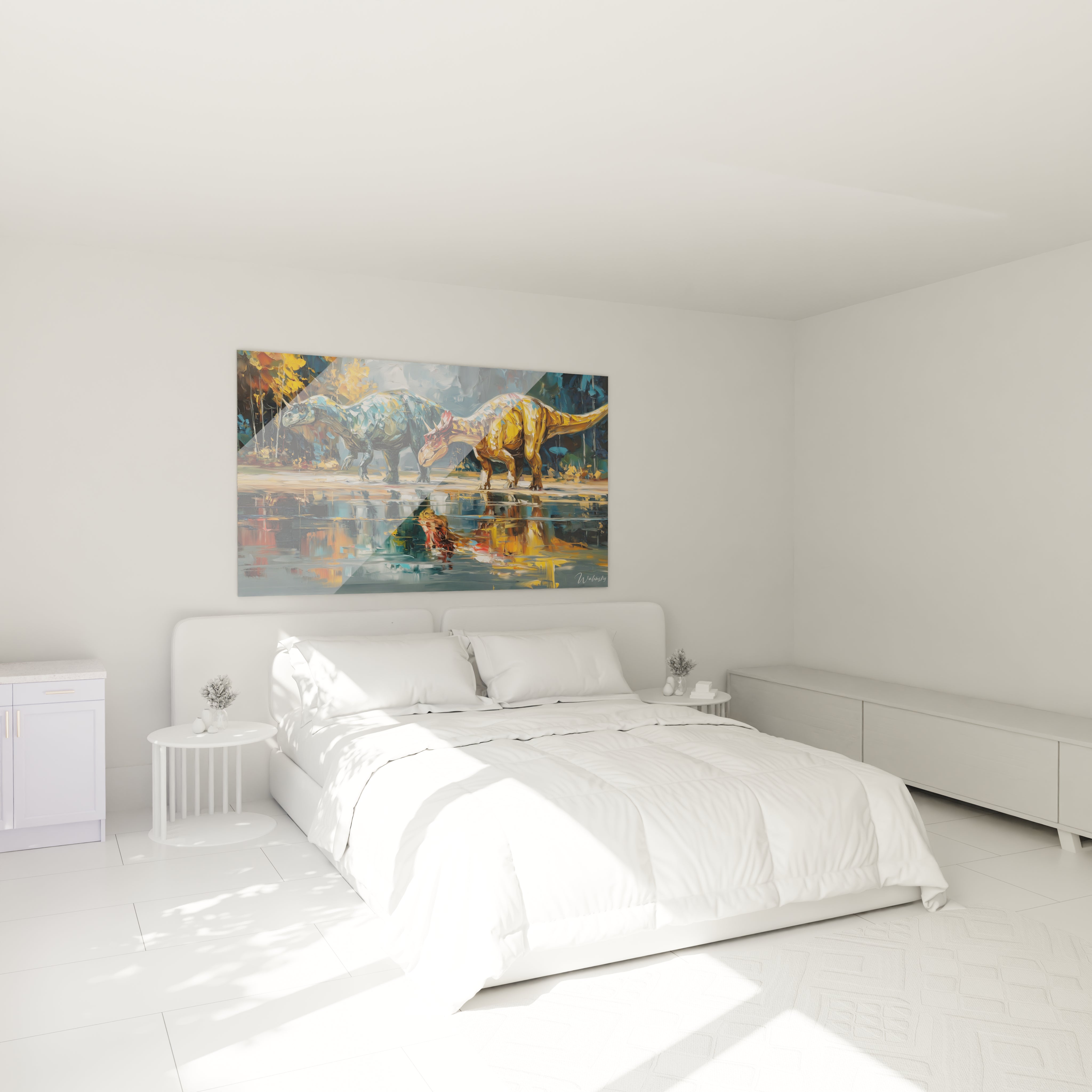 Tableau dinosaures reflets préhistoriques décorant une chambre moderne avec style contemporain
