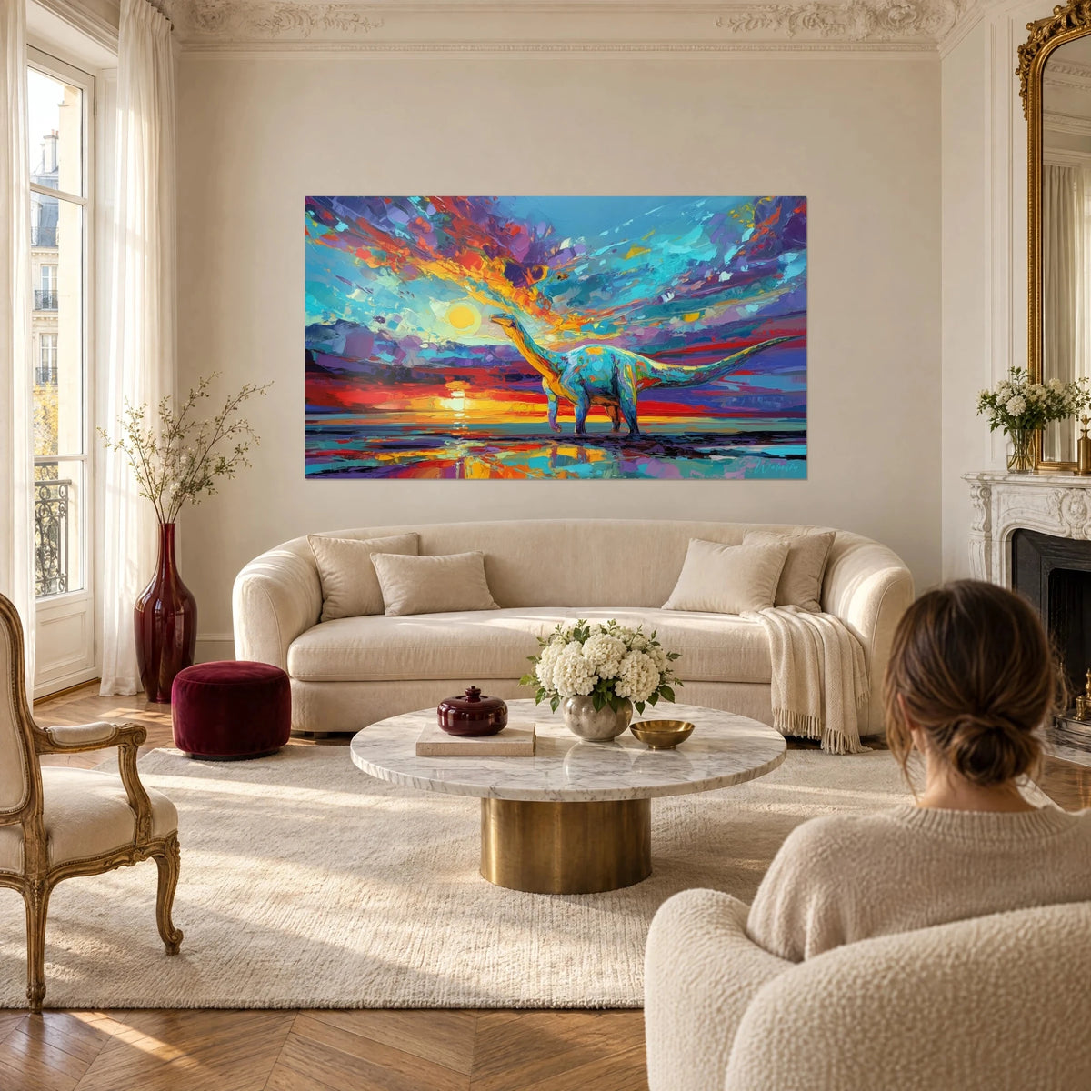 Gemälde Diplodocus mit goldenem Langhals, aufgerichtet unter einer gelben Sonne, türkisfarbener und roter Himmel, über einem Sofa in einem hellen Wohnzimmer