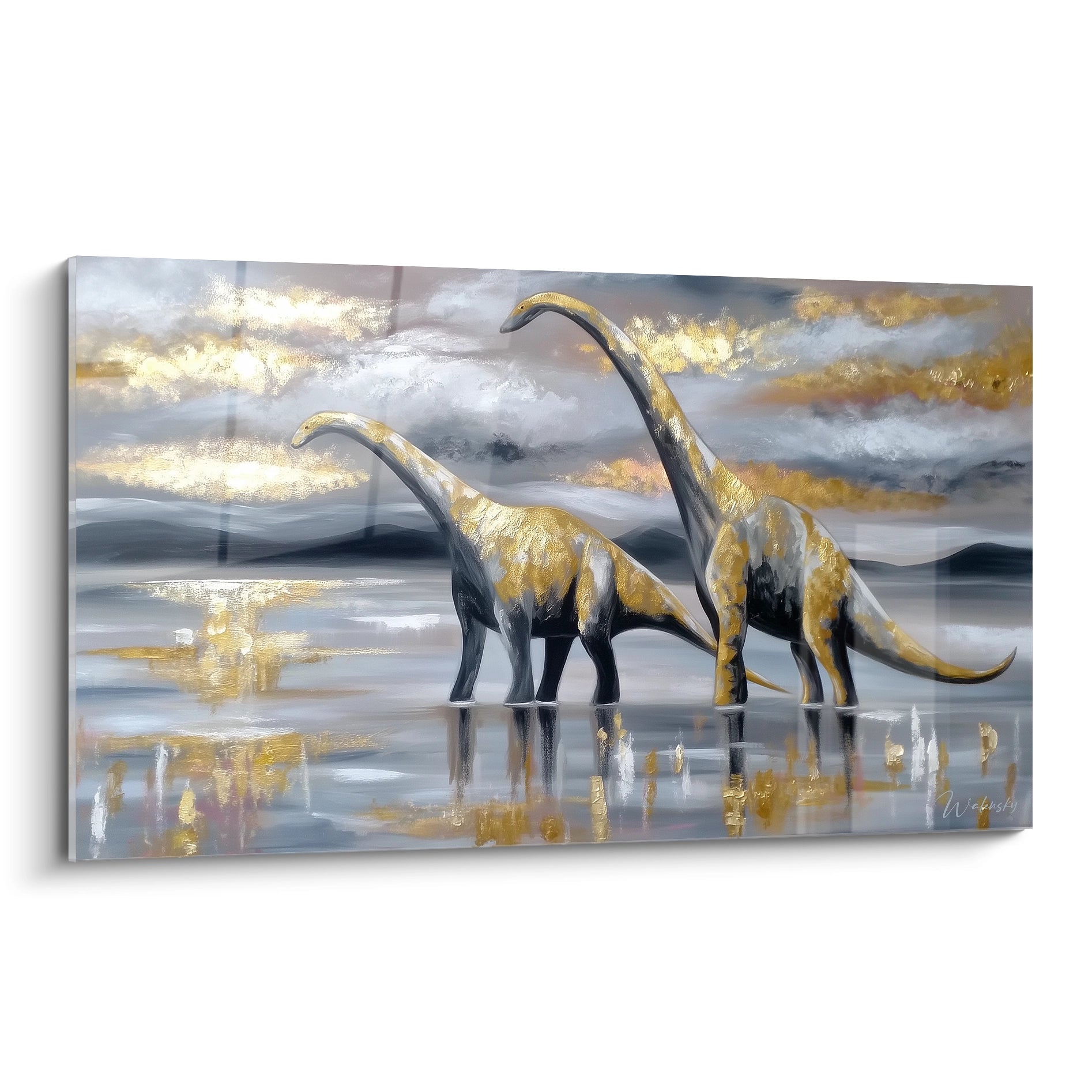 Tableau mural diplodocus dorés au coucher de soleil avec reflets aquatiques, art dinosaure premium