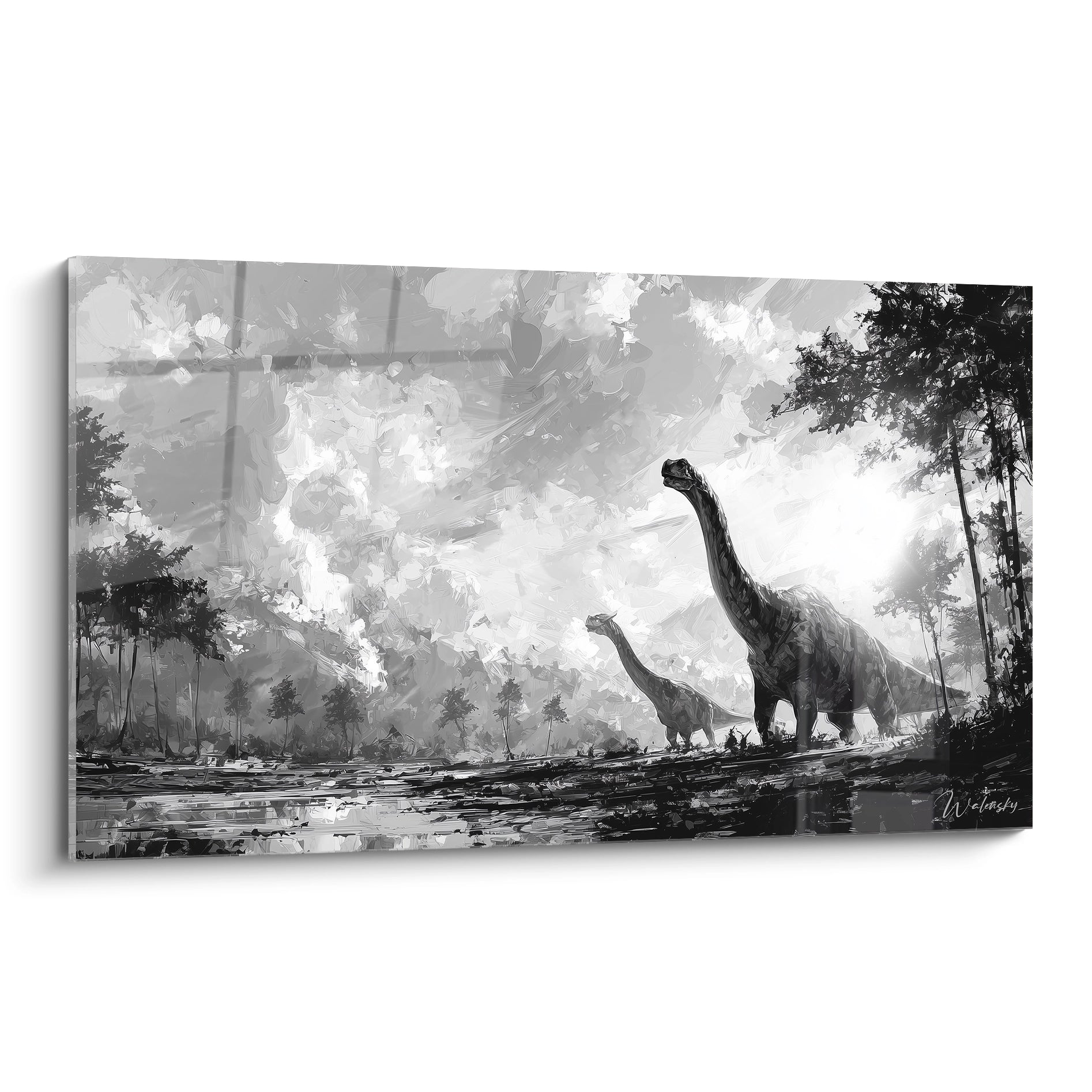 Tableau diplodocus noir et blanc showing two sauropods in prehistoric landscape art dinosaur