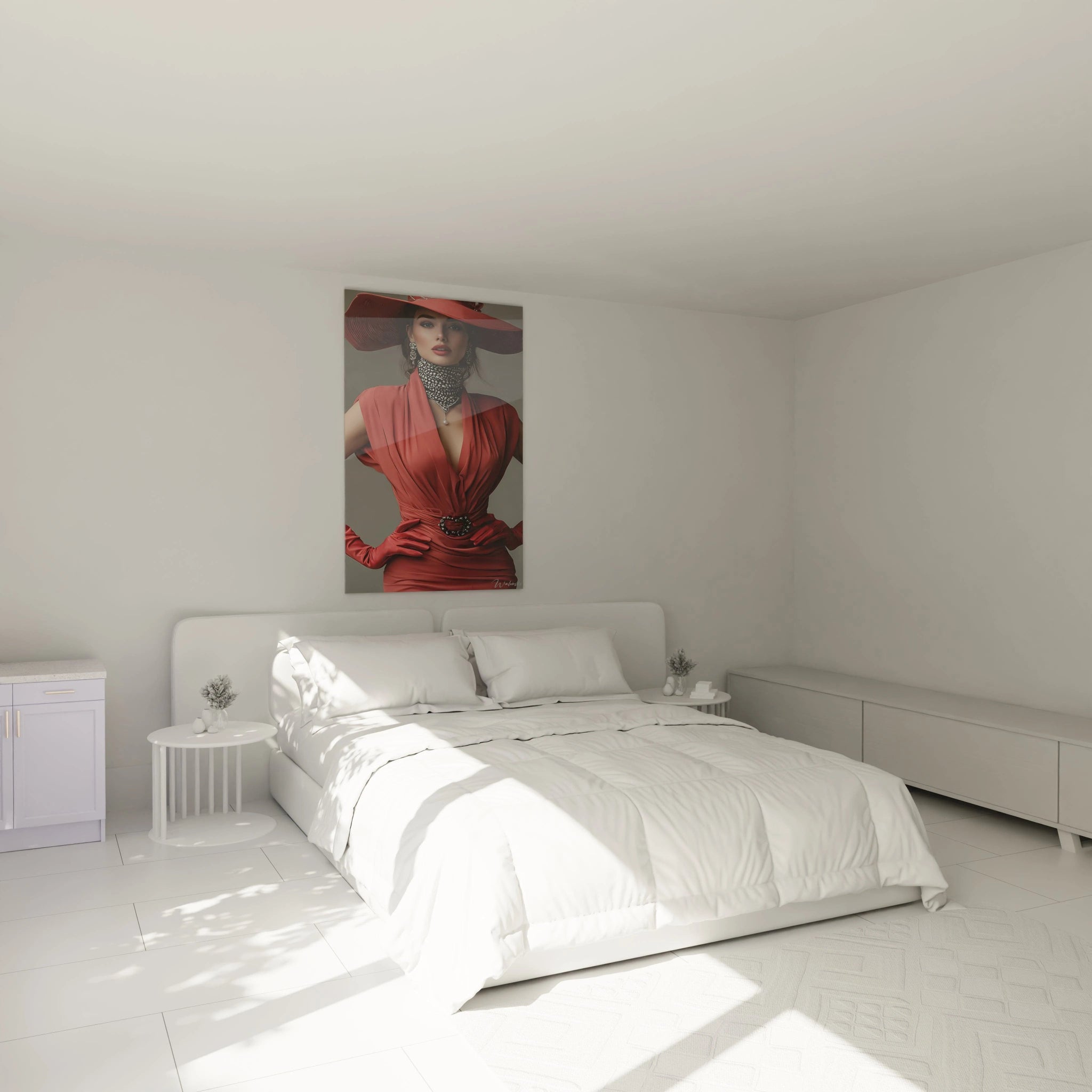 Tableau moderne femme élégante de Walensky dans une chambre lumineuse avec lit blanc