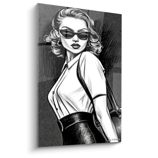 Vintage Diva Wandbild in Schwarz-Weiß mit einer eleganten Frau, die eine Sonnenbrille trägt