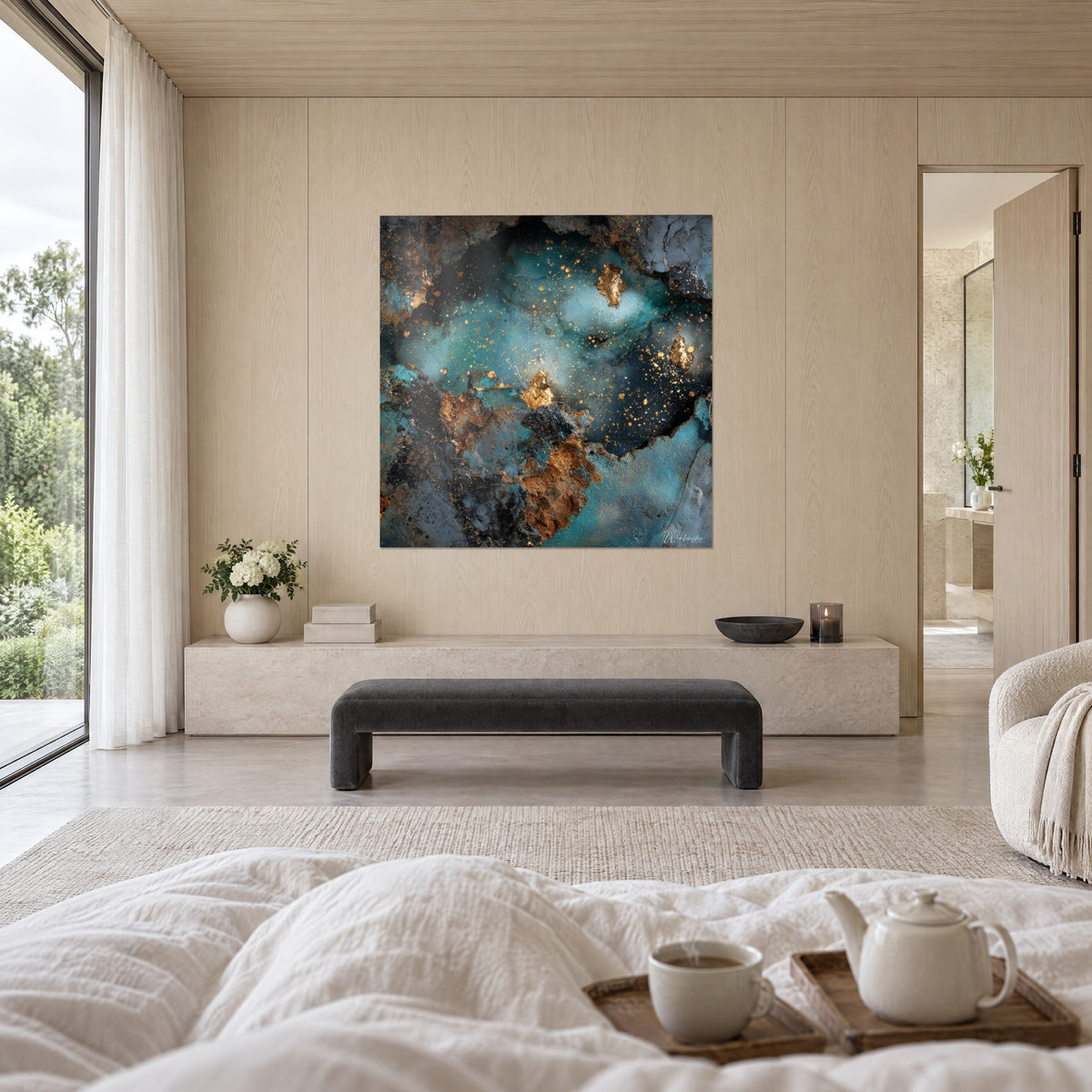 Cuadro cielo estrellado mineral, copos dorados sobre turquesa y antracita, encima de una cama en un dormitorio luminoso