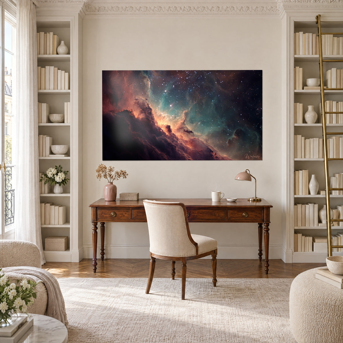 Cuadro bóveda celeste con volutas coral y verde azulado, estrellas blancas, entre dos estanterías de un despacho con suelo de parquet