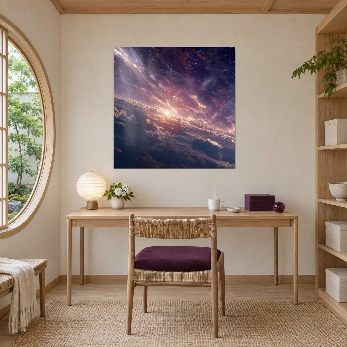 Schilderij planeet gehuld in bruine en middernachtblauwe wolken, fijne sterrenregen, boven een bureau van licht hout