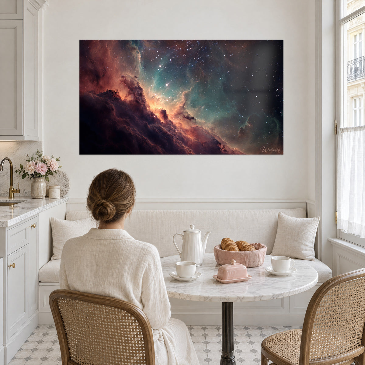 Cuadro galaxia lejana con acantilados de polvo cobrizo y neblina turquesa, pared crema de una cocina luminosa estilo haussmanniano