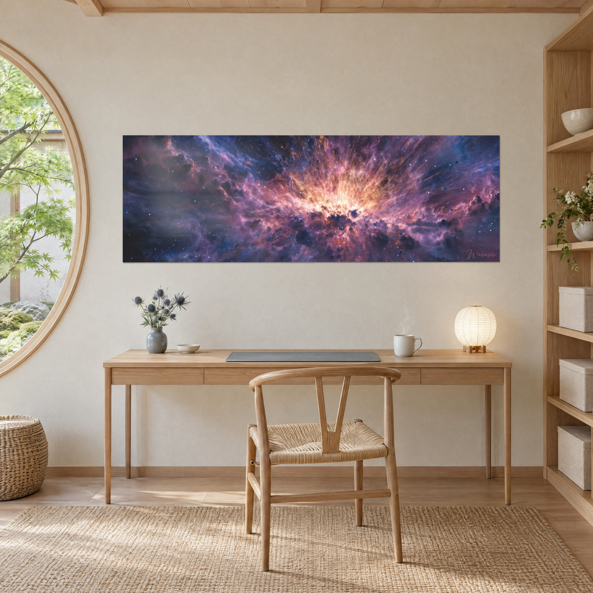 Wall art incandescent cosmos, amber burst of light and violet mists sprinkled with stars, on a light wood desk