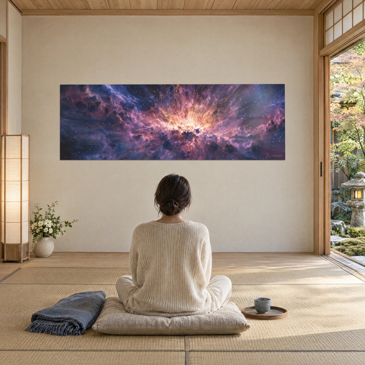 Wall art blazing Milky Way, golden-yellow core and blue-violet nebulae, facing a person seen from behind seated on a tatami