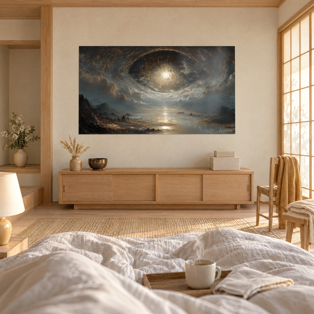 Cuadro nebulosa en espiral con un destello blanco en el corazón de nubes ocre y pizarra, frente a una bandeja de desayuno, sobre una cama en un dormitorio luminoso