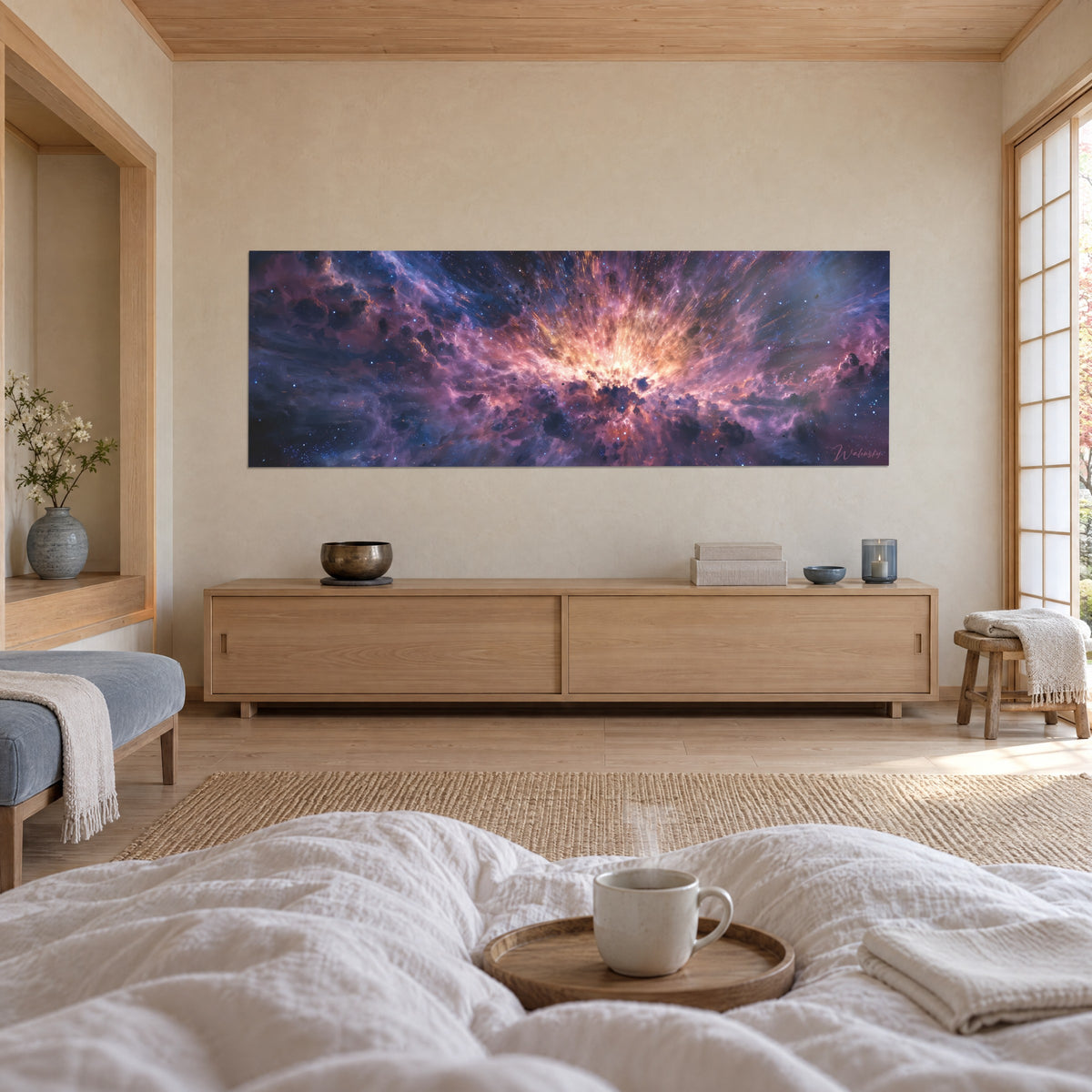 Wall art supernova with orange rays and mauve clouds, seen from behind by a person, above a bed in a light bedroom