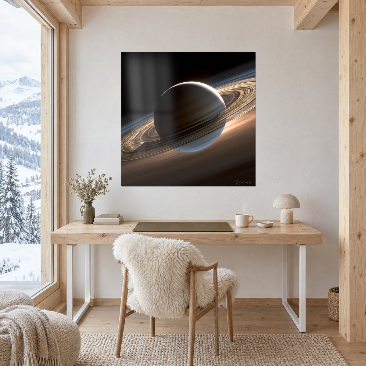 Cuadro de un orbe planetario oscuro y anillos dorados arremolinados sobre negro profundo, pared clara encima de un escritorio de madera