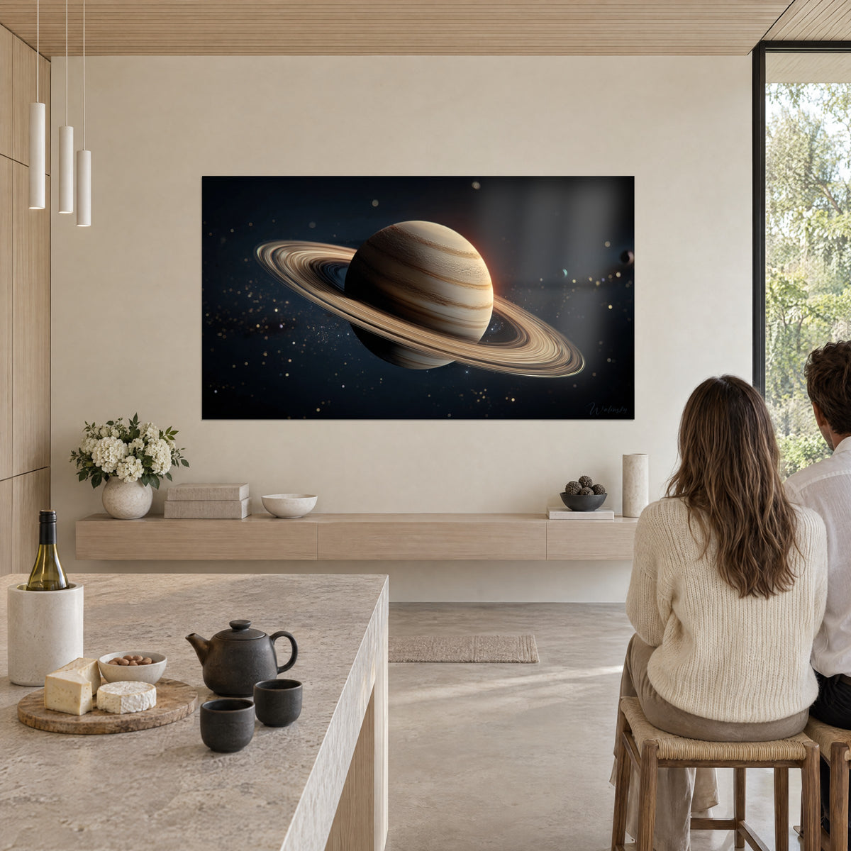 Wall art cream striped globe edged with orange glow, golden stardust, two people seated at a table in a wood-paneled living room