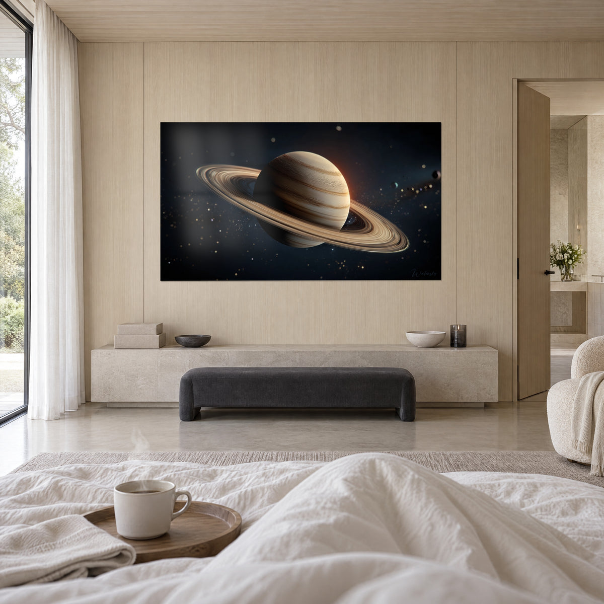 Wall art gas giant with sand and brown bands, ivory rings on a starry navy sky, above a bed in a bright bedroom