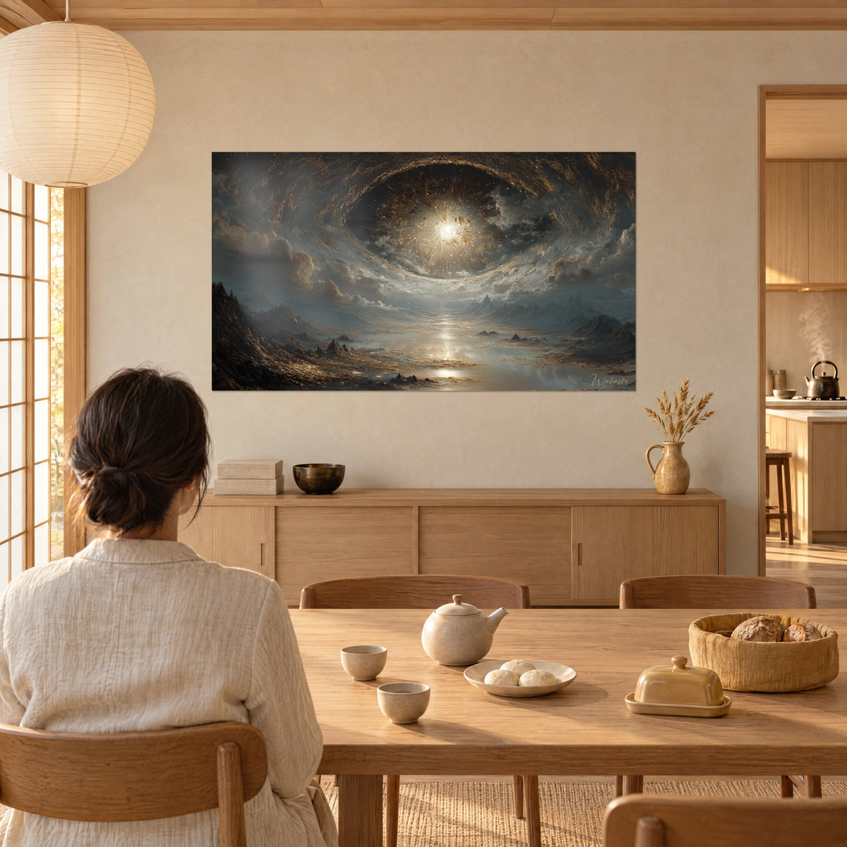 Cuadro ciclón de estrellas sobre un paisaje lunar de reflejos centelleantes, azul noche y oro, visto por una mujer de espaldas a su mesa de comedor