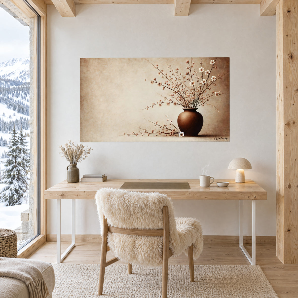Gemälde Ikebana aus blühenden Zweigen in einer braunen Vase auf cremefarbenem Hintergrund, über einem Schreibtisch aus hellem Holz und einem Schaffell-Stuhl