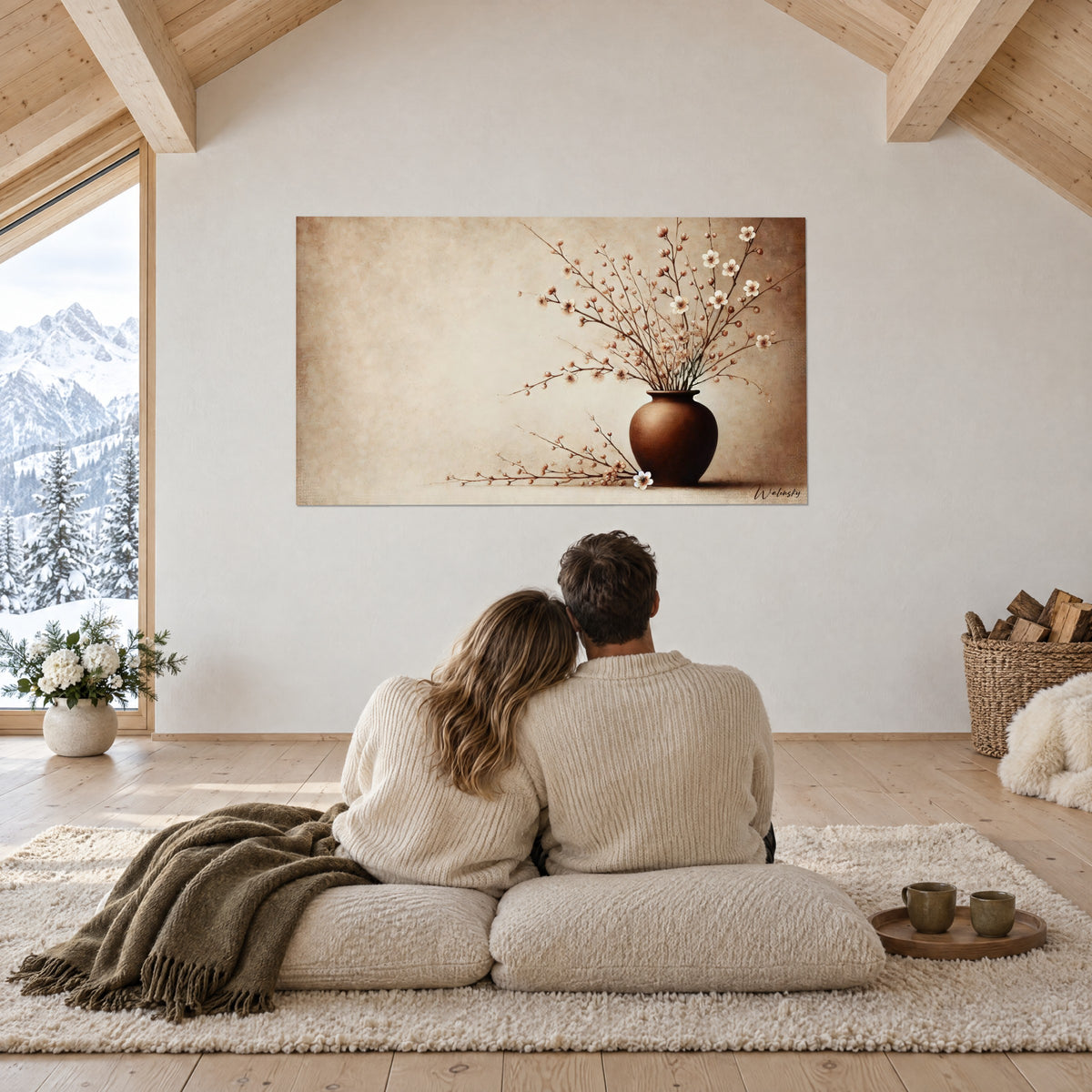 Gemälde Weiße Blüten auf zierlichen Zweigen, braune Erdvase, Paar von hinten eng umschlungen auf Kissen, Blick auf verschneite Berge in einem Holzchalet