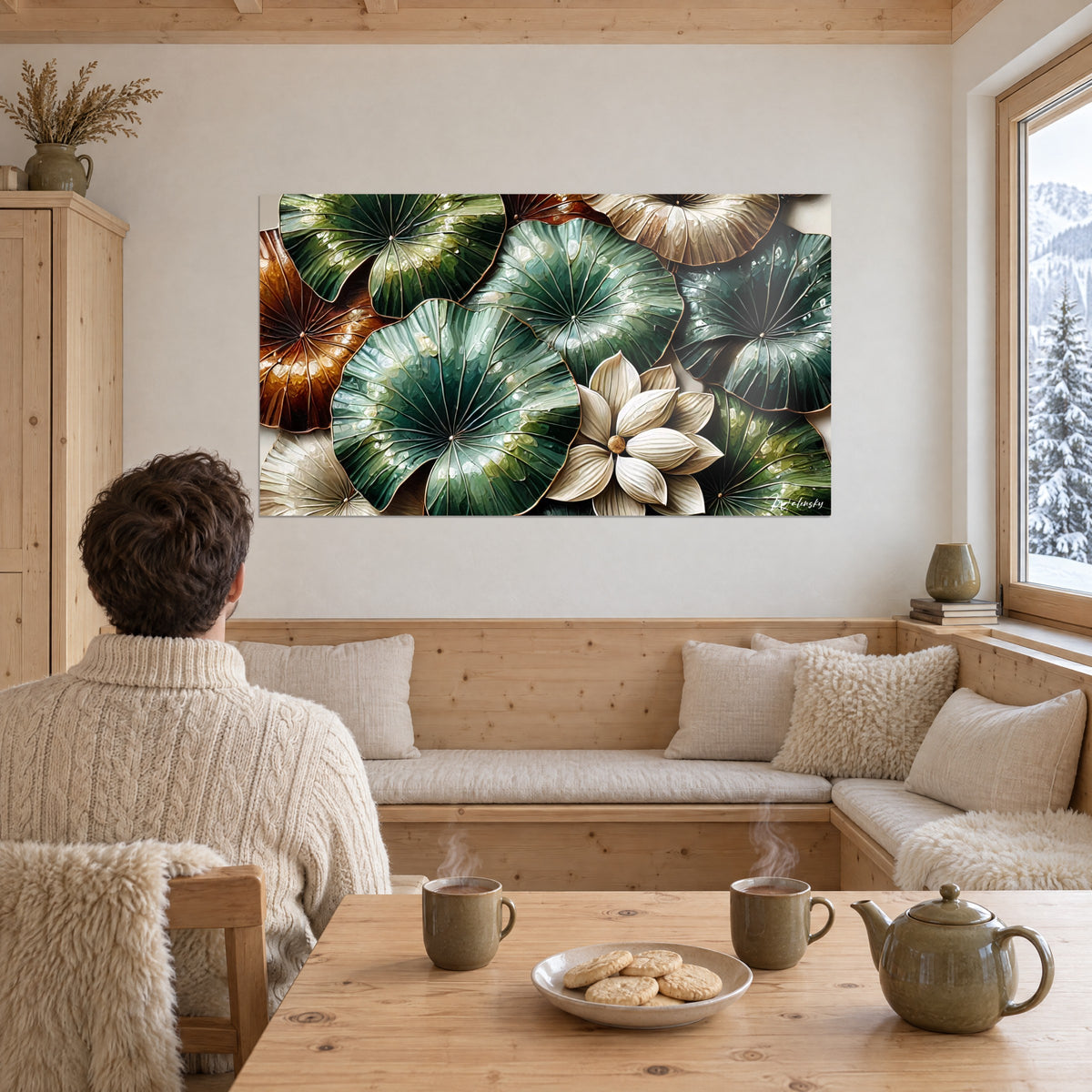 Schilderij met grote vochtige lotusbladeren in flessengroen en oker, witte bloem in het midden, tegenover een koppel van achteren naast een houten bank