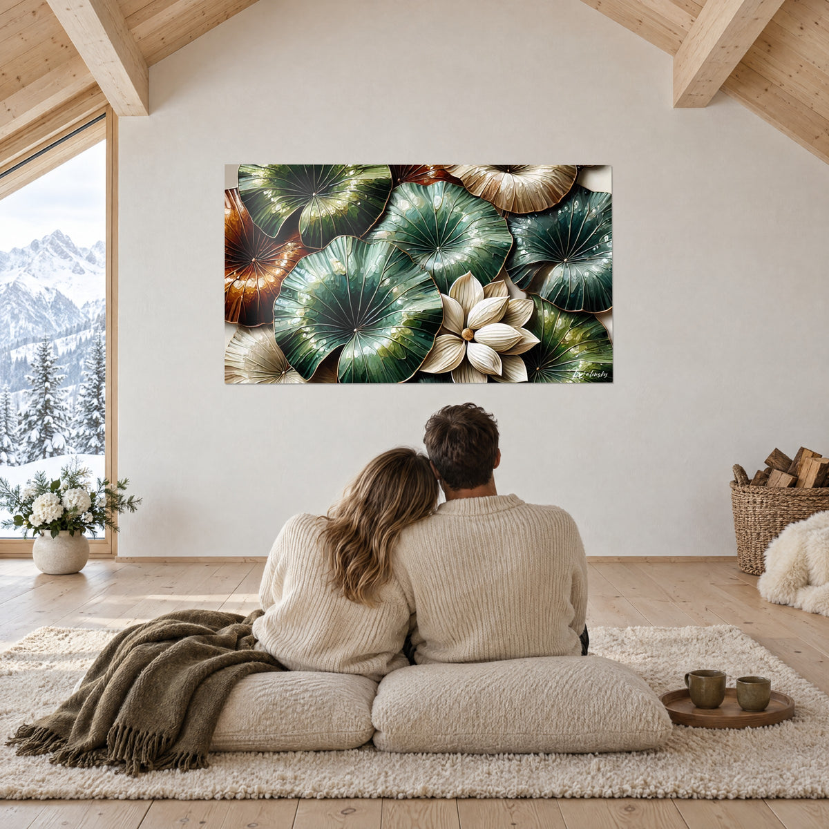 Schilderij met botanische compositie van ivoorwitte lotus omringd door bosgroene en karamelkleurige bladeren, omhelsd koppel van achteren op kussens, berghut