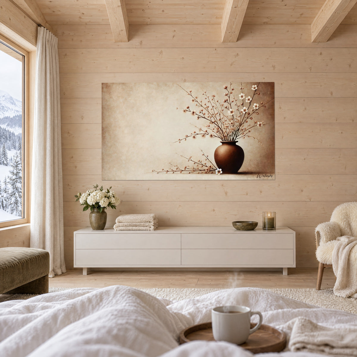 Gemälde Runde rotbraune Keramik mit beige und cremeweiß blühenden Zweigen, dampfende Tasse auf einer Decke, über einem Bett in einem hellen Schlafzimmer