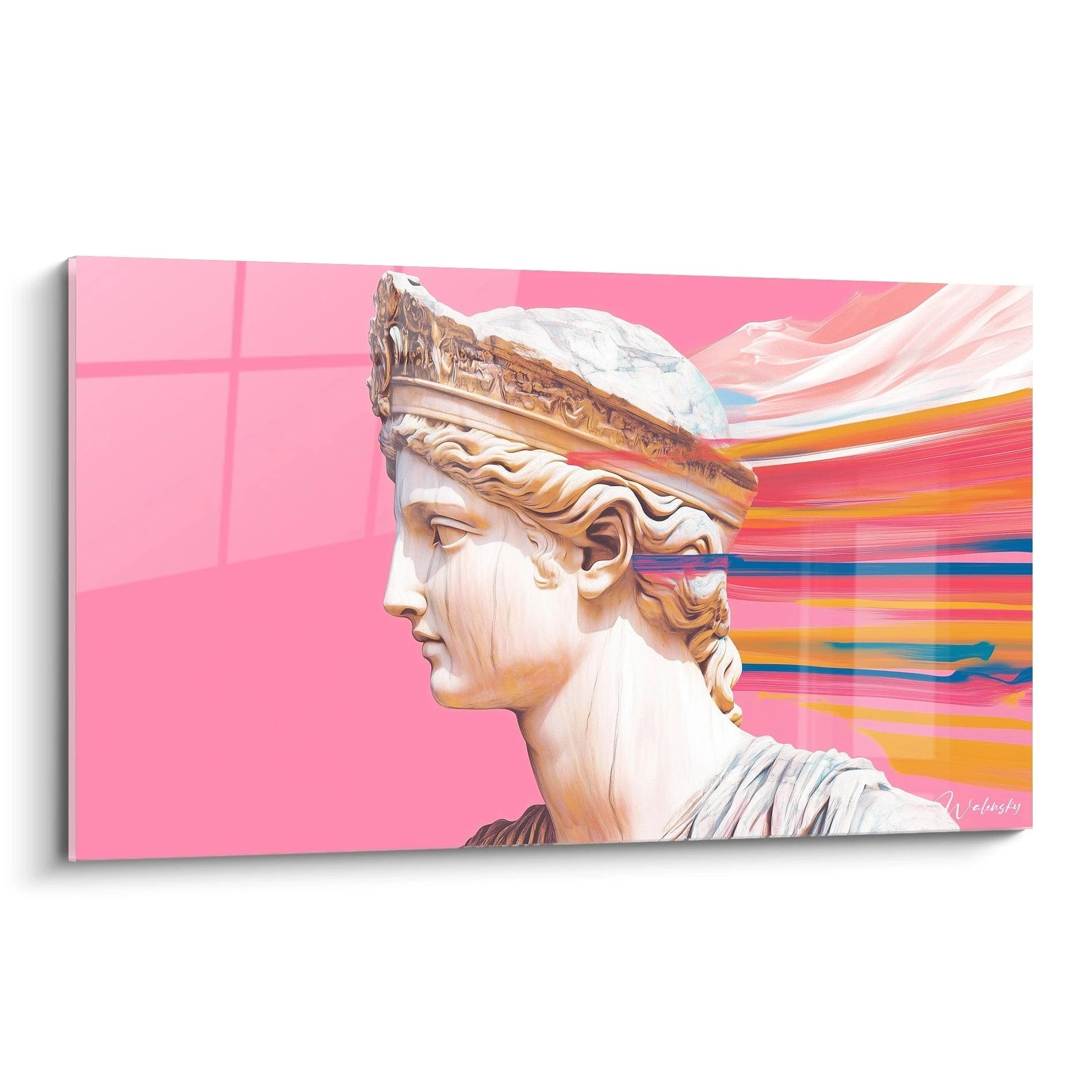 Un tableau peinture contemporaine abstrait représentant un profil de sculpture classique, avec un fond rose vif et des traits abstraits orange et bleus en arrière-plan.

