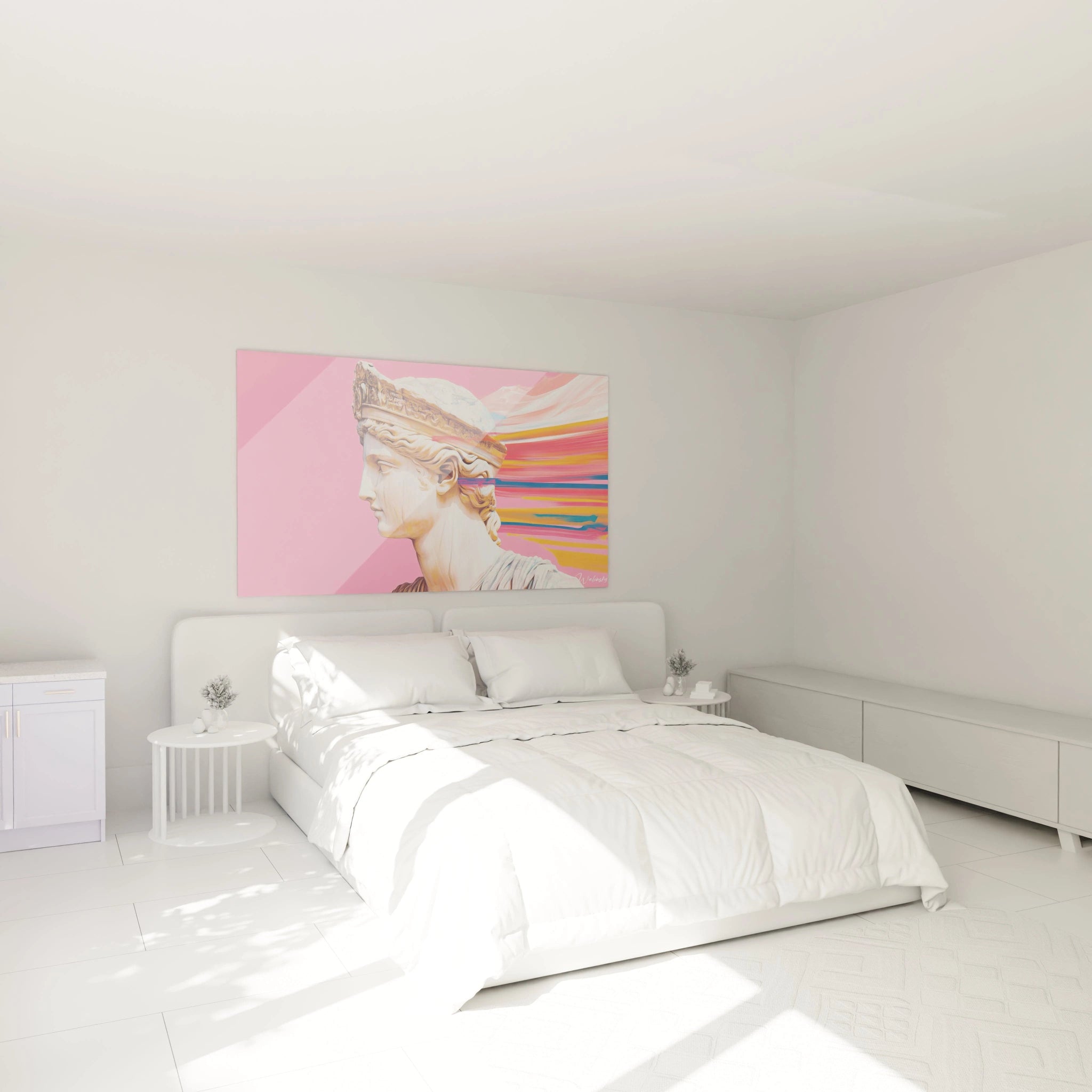 Une composition centrée sur un visage sculptural classique, entouré de larges coups de pinceau colorés en rose, orange et bleu, avec des textures lisses et des lignes dynamiques.

