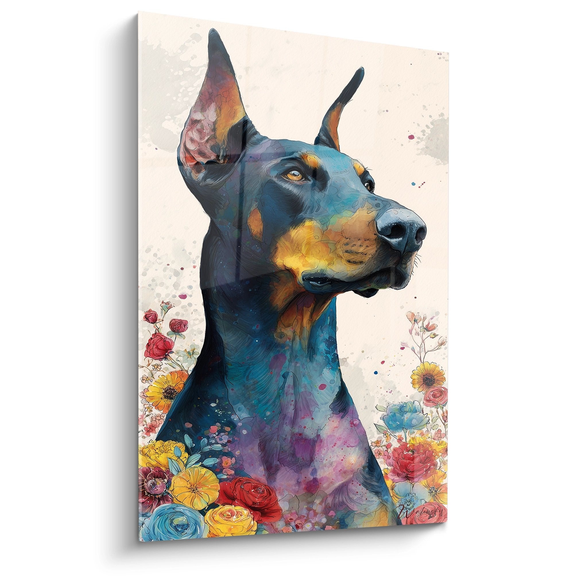 Portrait artistique Doberman bleu avec fleurs colorées style aquarelle sur fond beige