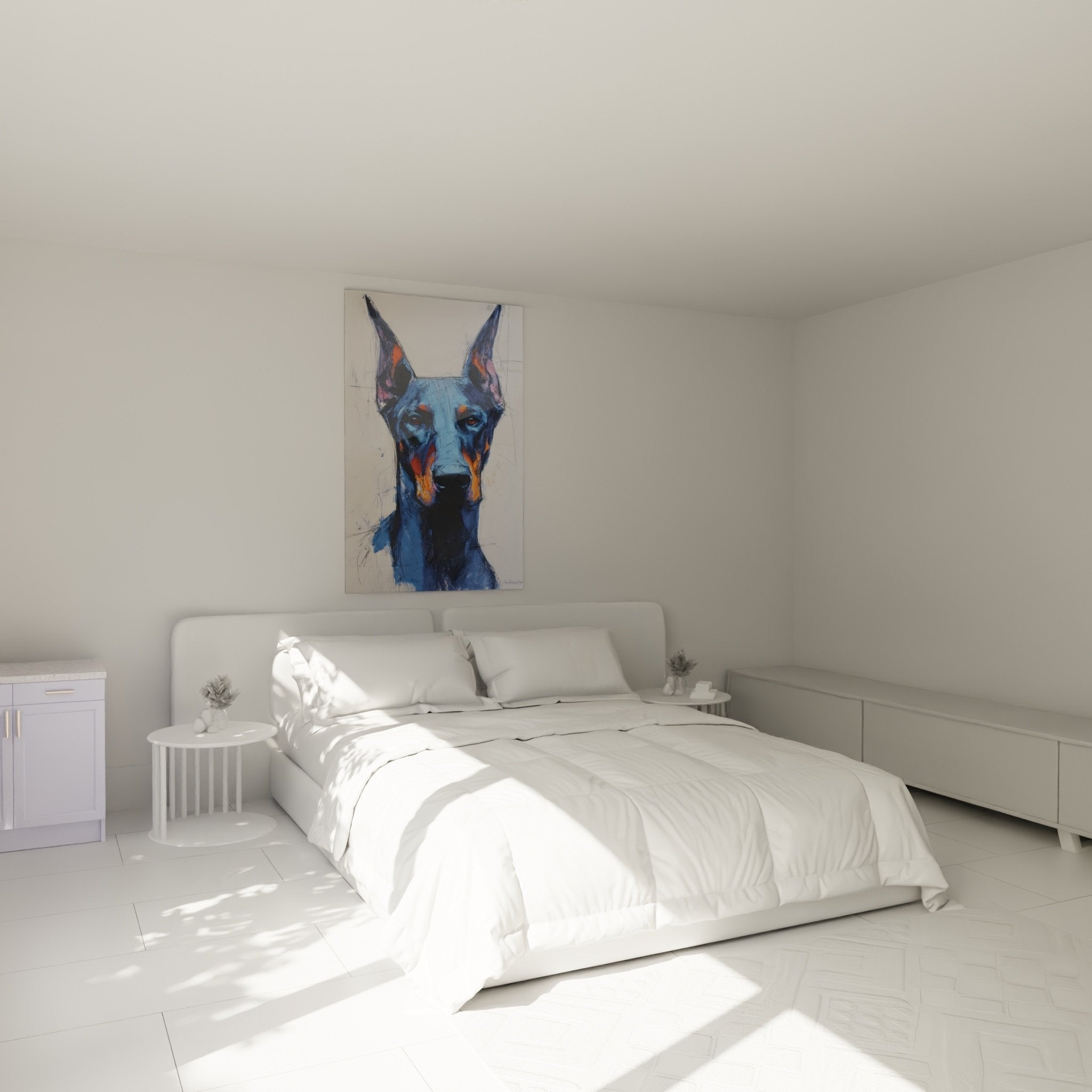 Tableau portrait Doberman bleu orange accroché au mur d'une chambre moderne épurée
